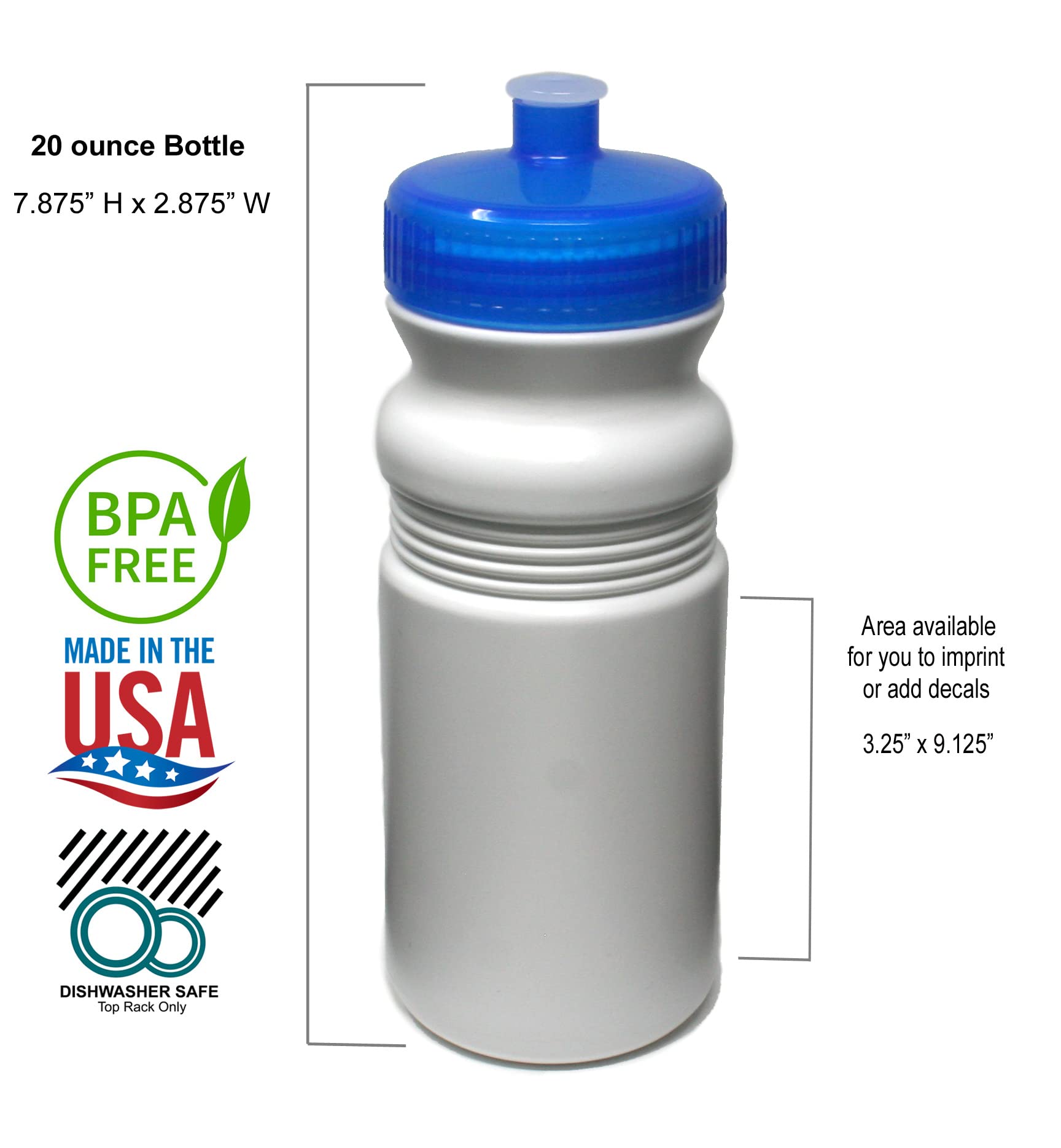 Rolling Sands 20oz BPA-Free Sports Water Bottles 100 Pack - Dishwasher Safe, Made in USA - Perfect for Gyms, Schools, Offices & Team Events