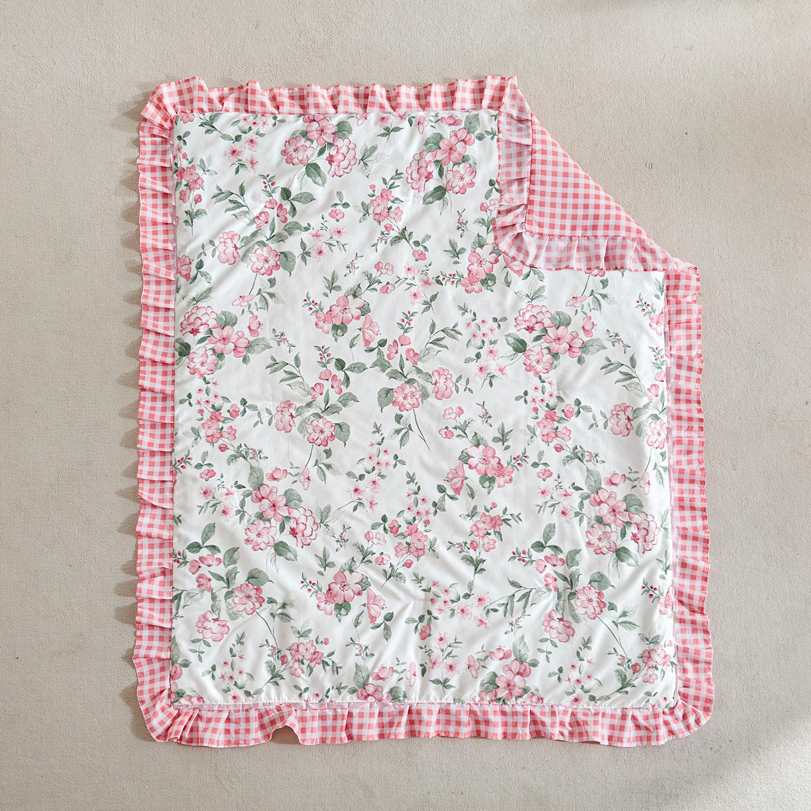 Floral Crib Bedding Set - White & Pink Ruffled Quilted Comforter with Fitted Sheet & Bed Skirt for Baby Girls Nursery | Shabby Chic Flower Design with Leaves | Perfect for Newborn, Infant & Toddler Bedrooms