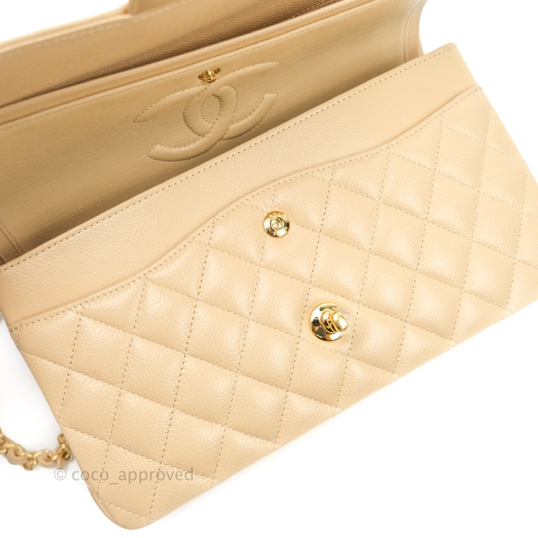 Chanel Classic M/L Medium Double Flap Bag in Beige Caviar Leather with Gold Hardware - Luxury Handbag for Women, Perfect for Work, Parties & Special Occasions