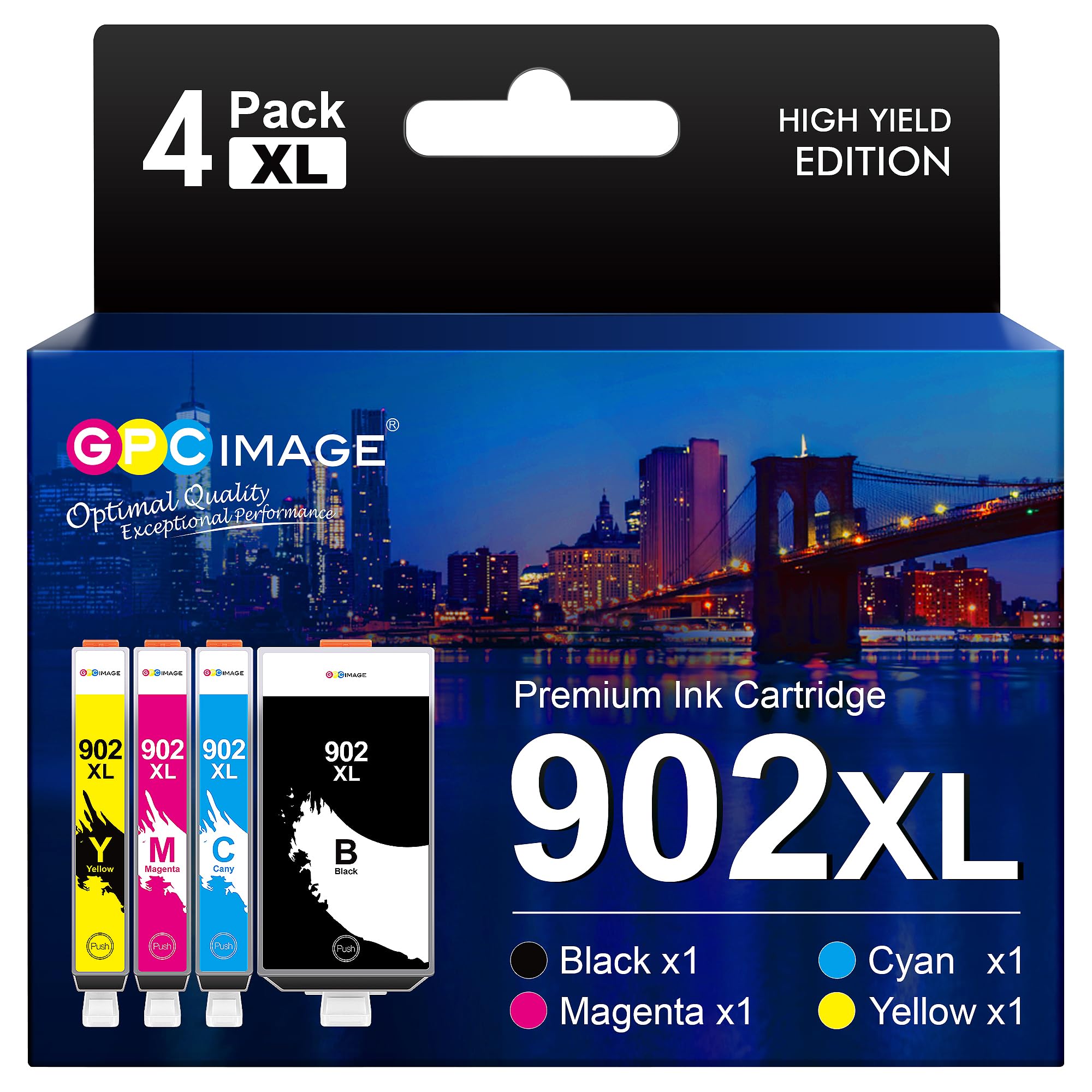 GPC Image Compatible Ink Cartridge Replacement for HP 902XL (4-Pack) - Black, Cyan, Magenta, Yellow - Works with Officejet 6978, 6968, 6962, 6958, 6970, 6950, 6960 Printers - Ideal for Home & Office Printing, Documents, Photos & School Projects