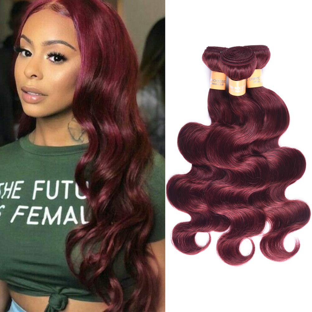 WOME Brazilian Virgin Human Hair Bundles - 99J Burgundy Red Body Wave 3 Bundles, 8A Double Weft Hair Extensions (18