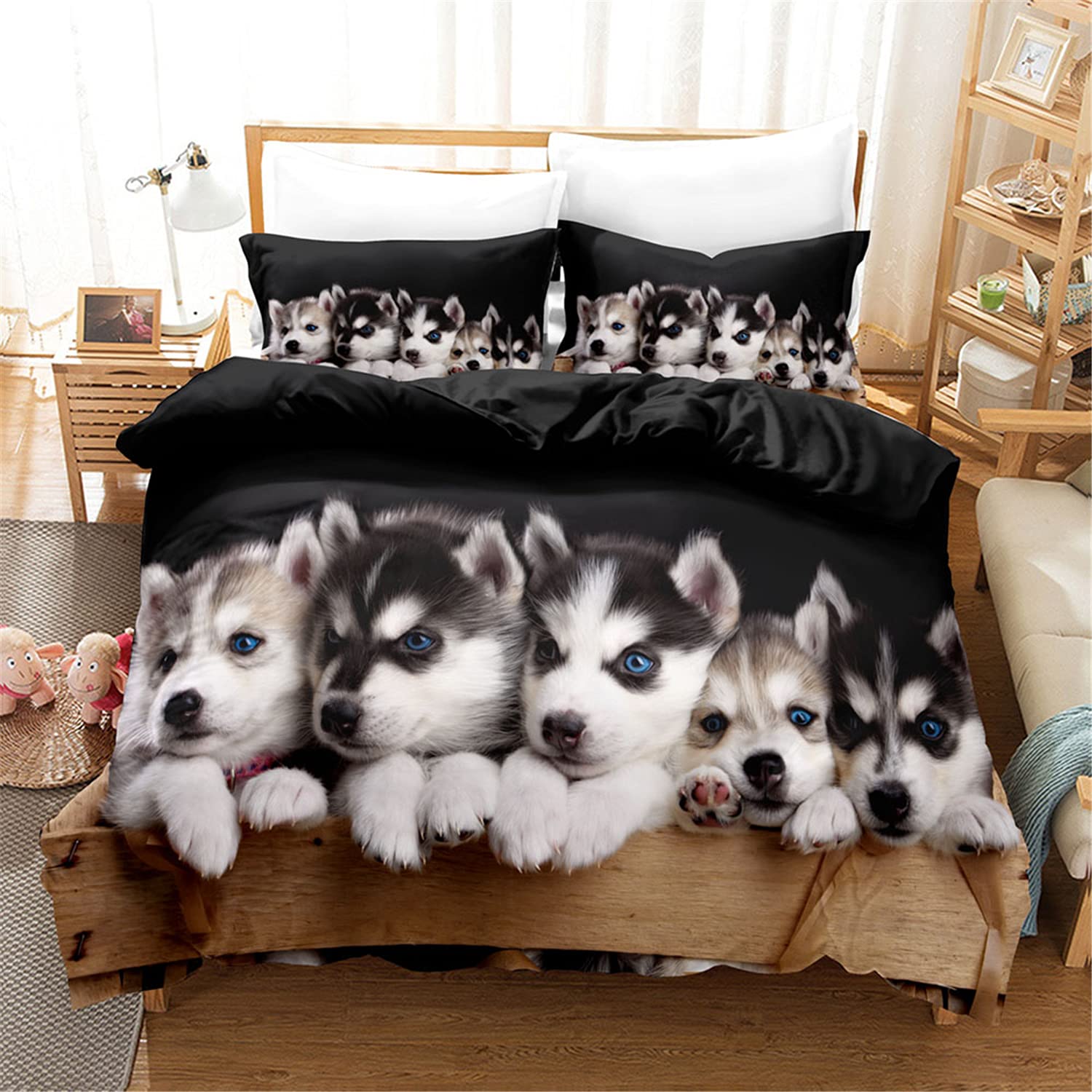Premium 3D Printed Dog Duvet Cover Set - Husky, Golden Retriever & Hound Designs (Twin/Full/Queen/King Size) with Matching Pillowcases - Soft Pet & Kid Friendly Bedding for Cozy Nights (4-Piece Queen Set) - Perfect for Dog Lovers' Bedrooms, Pet-Friendly Homes & Children's Rooms