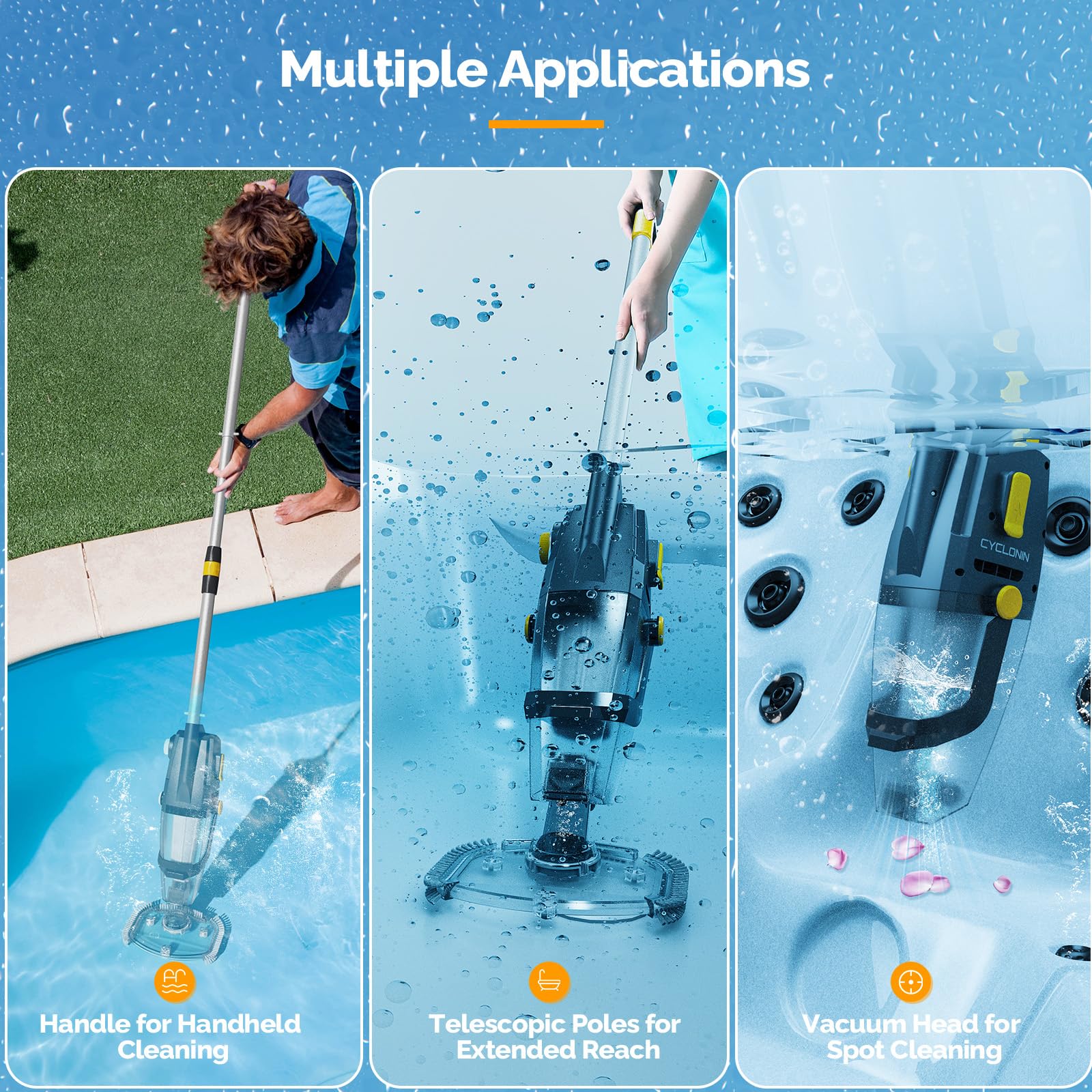 VINGLI Cordless Rechargeable Handheld Pool Vacuum Cleaner - Ideal for Above Ground & In Ground Pools, Hot Tubs, Spas - Lightweight Portable Design (Yellow & Grey) | Perfect for Quick Pool Maintenance, Backyard Cleaning & Water Feature Care