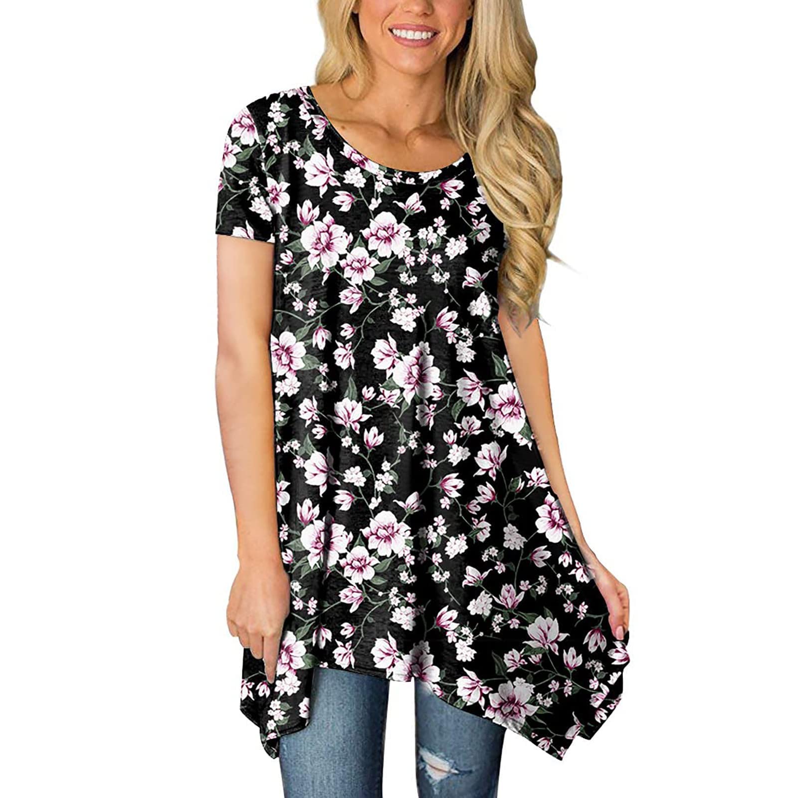 Women's Summer Tops 2022 - Short Sleeve Floral Tunic Shirts, Casual Crew Neck Pullover with Irregular Hem | Perfect for Beach Outings, Vacation Wear & Everyday Summer Fashion