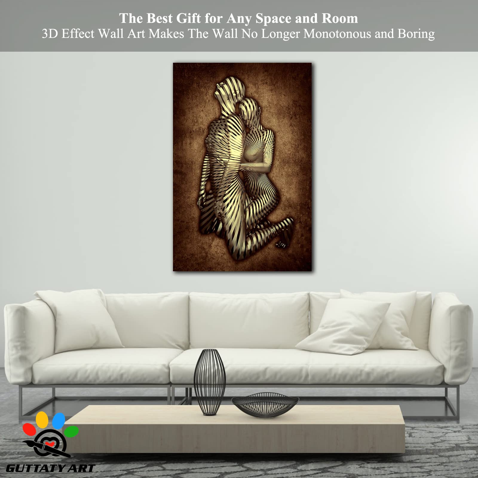 3D Metal Effect Love Heart Gray Brown Canvas Wall Art - Romantic Couples Bedroom Decor, Modern Living Room Wall Art - Valentine's Day Gift for Her/Him - 28x40 Inches - Perfect for Master Bedroom, Wedding Anniversary & Home Decoration