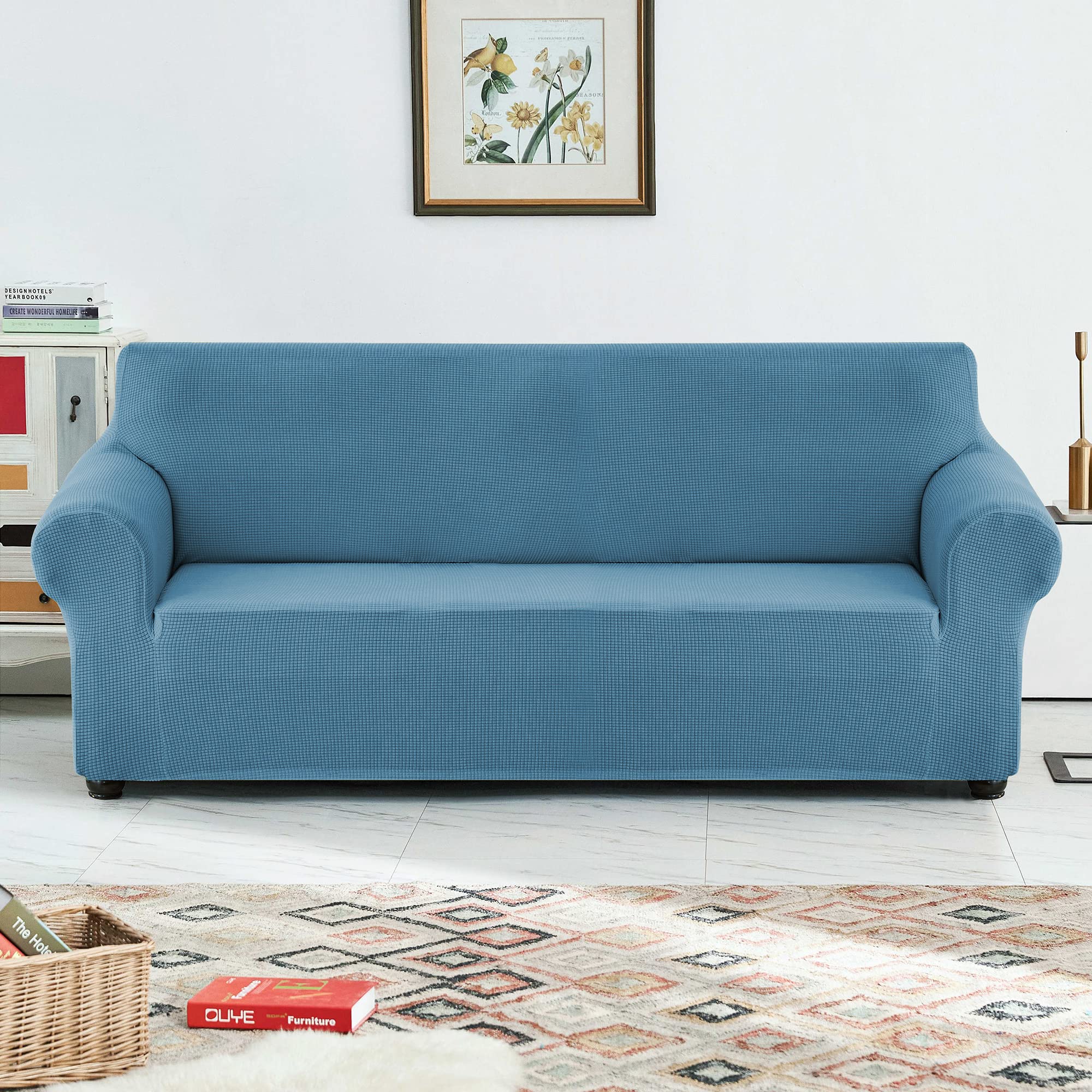 Stretch Sofa Slipcover Waterproof Couch Cover - Soft Elastic Furniture Protector for Kids & Pets - Denim Blue (Large) - Perfect for Living Room, Family Room & Pet-Friendly Homes