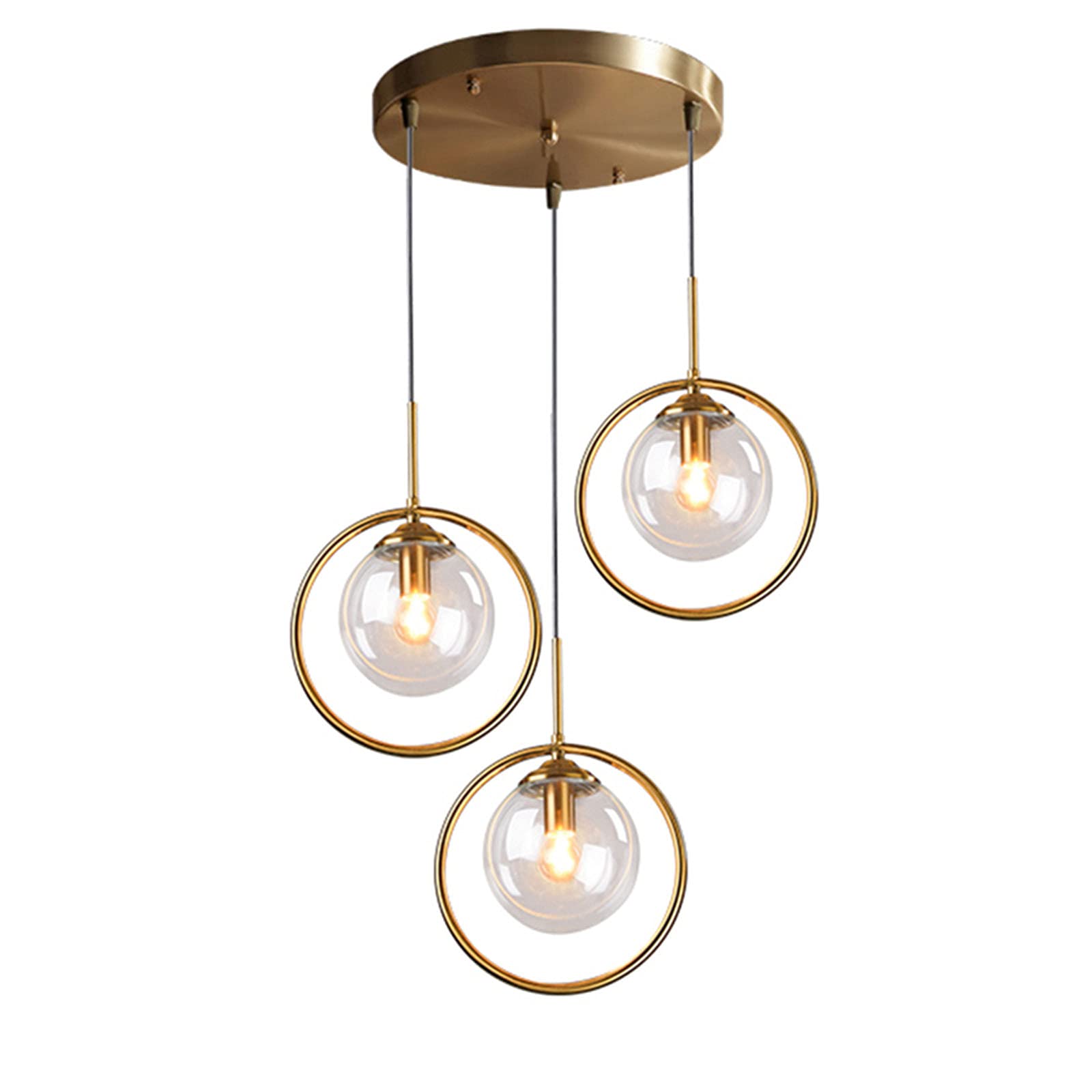 Vintage Industrial 3-Light Pendant Lighting Fixture - Brass Metal Ring with Clear Glass Globe Shade - Retro Ceiling Hanging Lamp for Dining Room, Kitchen Island & Bar Counter - Perfect for Farmhouse, Loft & Industrial Decor