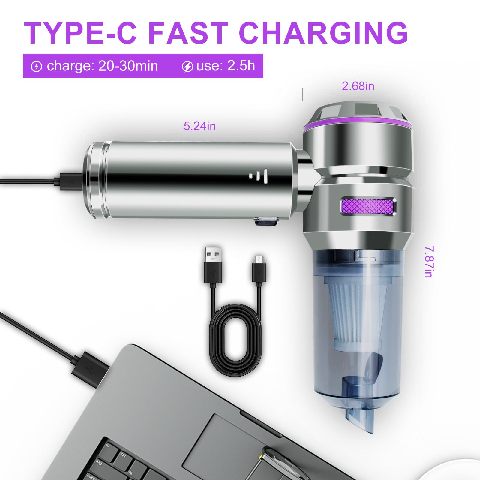 **21000Pa Cordless Car Vacuum Cleaner - Powerful Handheld Vacuum with Brushless Motor, 4-in-1 Portable Design for Cars, Home & Pet Hair - Includes Air Duster (Purple) | Ideal for Quick Car Cleaning, Office Desks & Pet Hair Removal**