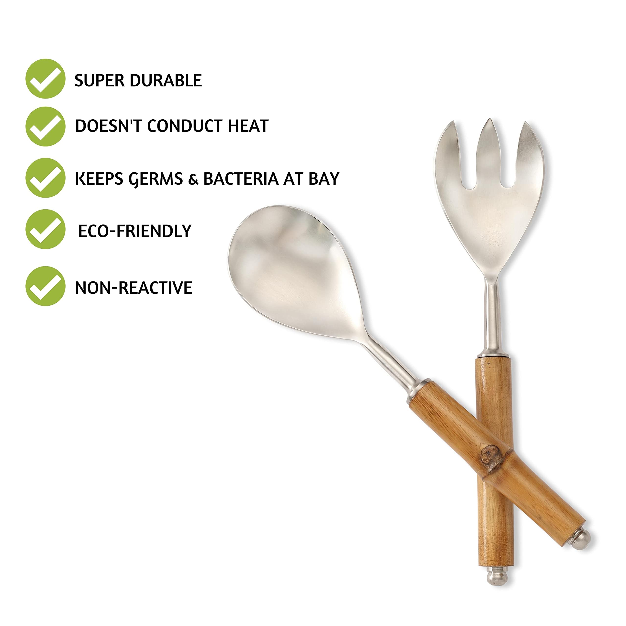 Folkulture Stainless Steel Salad Servers Set - 12 Inch Tongs, Spoon & Fork with Bamboo Handle for Modern Cooking (Silver) - Perfect for Salad Bars, BBQs, and Dinner Parties