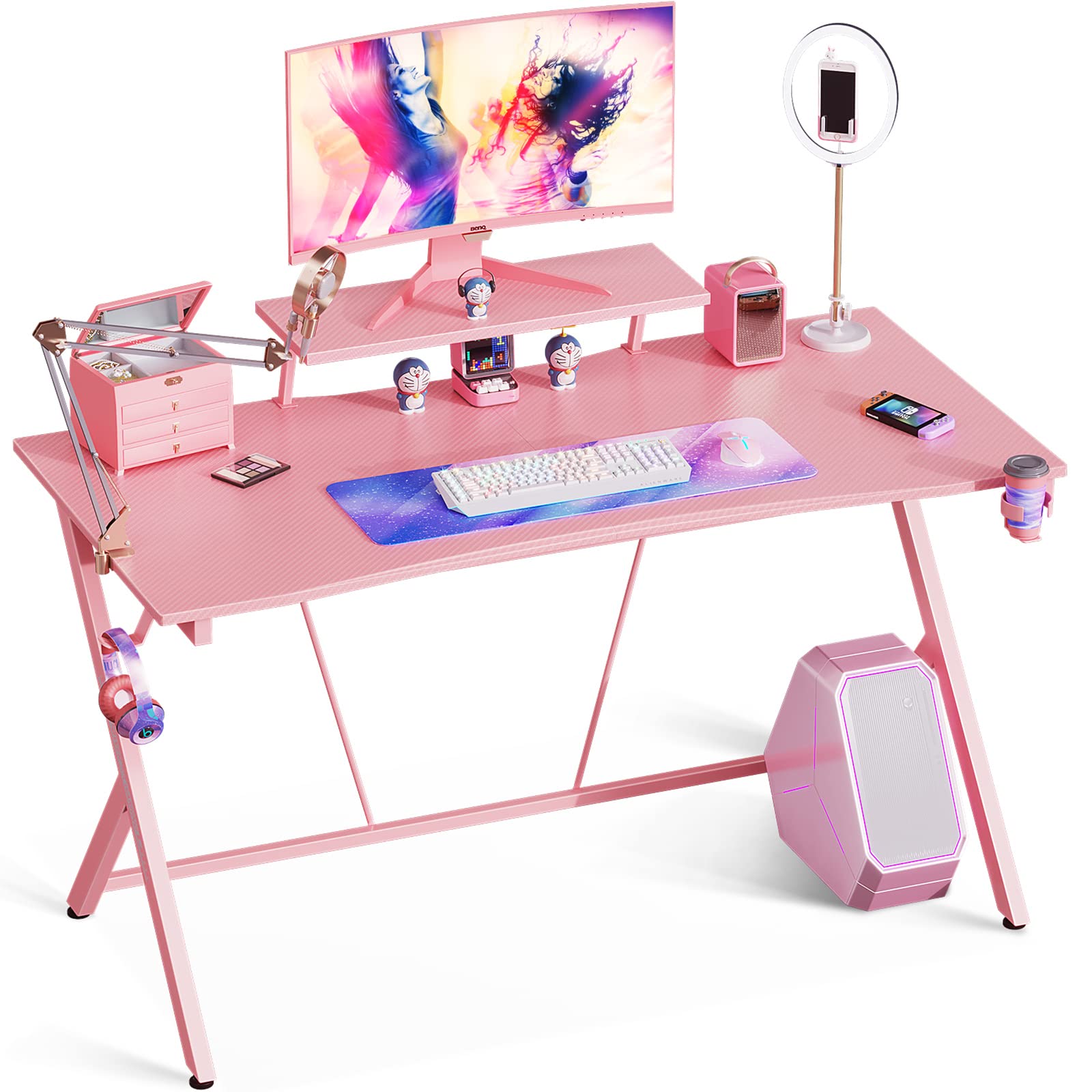 Pink Gaming Desk 55 inch with Monitor Shelf, Cup Holder & Headphone Hook - Ergonomic Computer Desk for Women Gamers, Perfect Gaming Workstation for PC Setup - Ideal for Streaming, Esports & Home Office Use