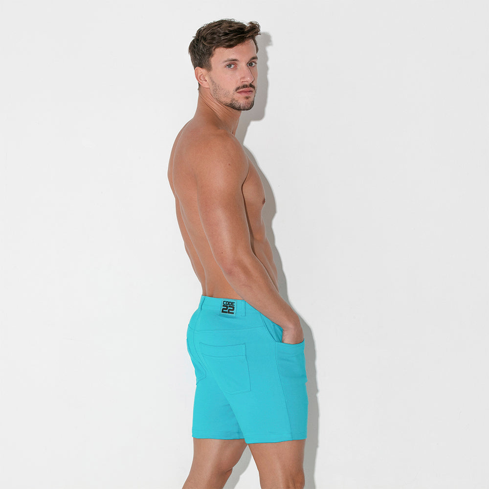 Code 22 Slim Fit 5-Pocket Stretch Shorts for Men - Turquoise 9712 | Comfortable Casual Wear for Summer, Gym & Outdoor Activities