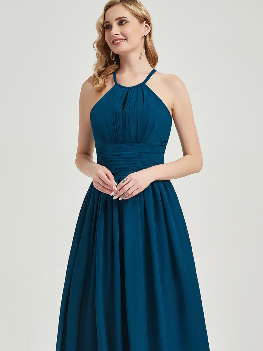 Cornflower Blue Pleated Halter Neck Sleeveless Chiffon Bridesmaid Dress - Elegant Formal Gown for Weddings, Parties & Special Occasions