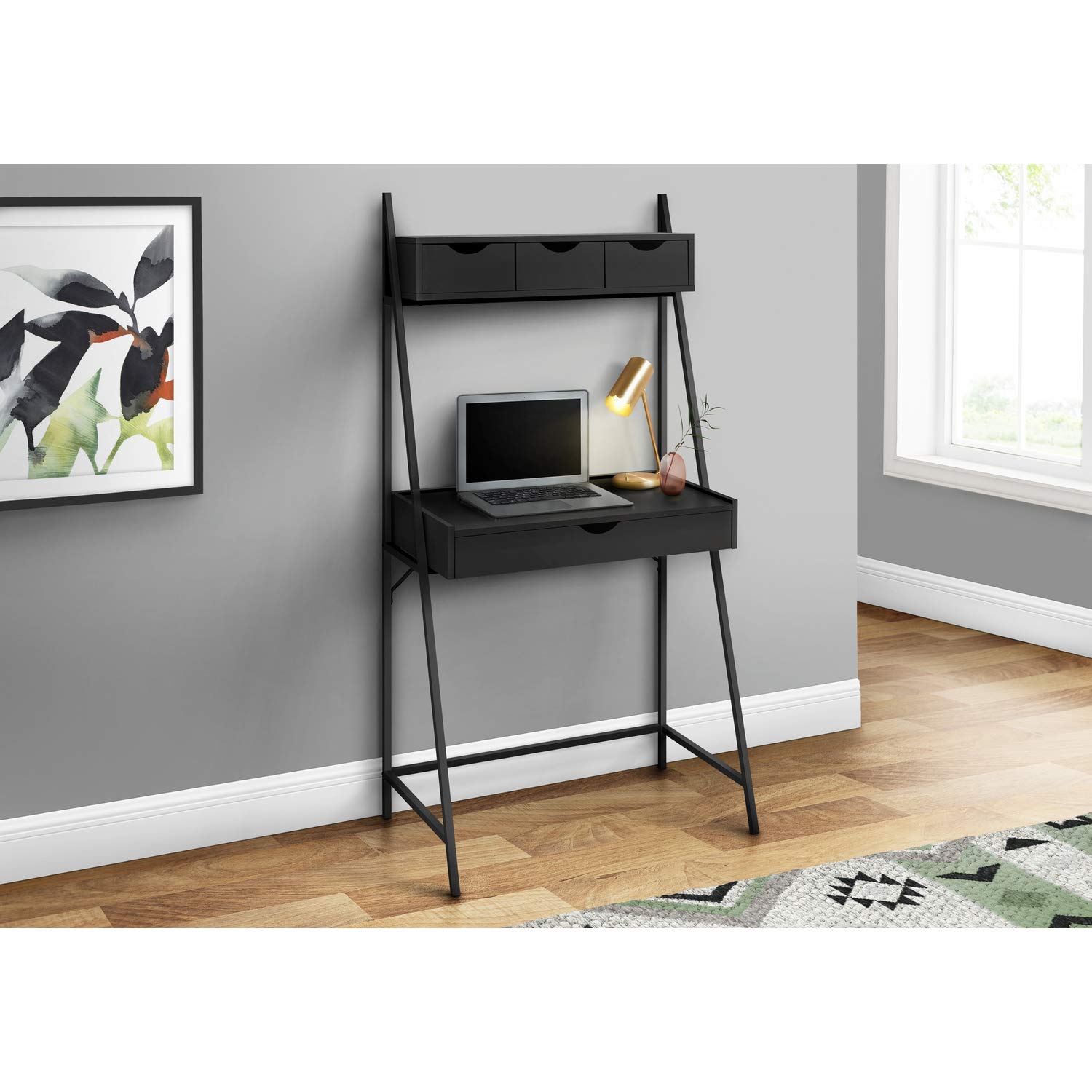 Monarch Specialties I 7330 32-Inch Modern Black Computer Desk with Storage Drawers - Home Office & Laptop Workstation for Small Spaces | Contemporary Metal & Laminate Design for Study, Gaming & Remote Work