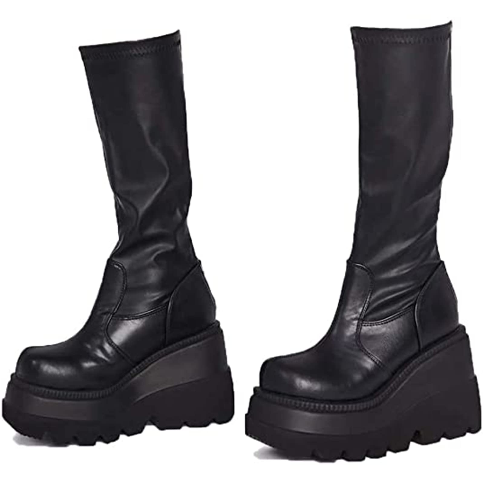 Erocalli Women's Gothic Platform Boots with Wedge Heels - Mid Calf Combat & Motorcycle Boots for Punk, Rock & Gothic Fashion | Perfect for Concerts, Night Out & Alternative Style