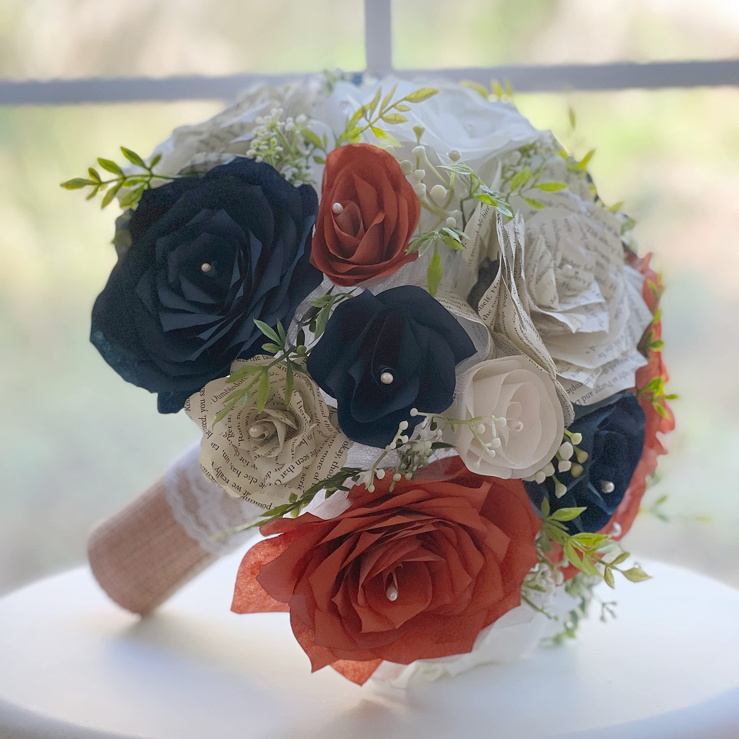 Burnt Orange Navy Blue White Paper Flower Bridal Bouquet - Handmade with Filter & Book Page Flowers for Wedding, Bridal Shower, Photo Props