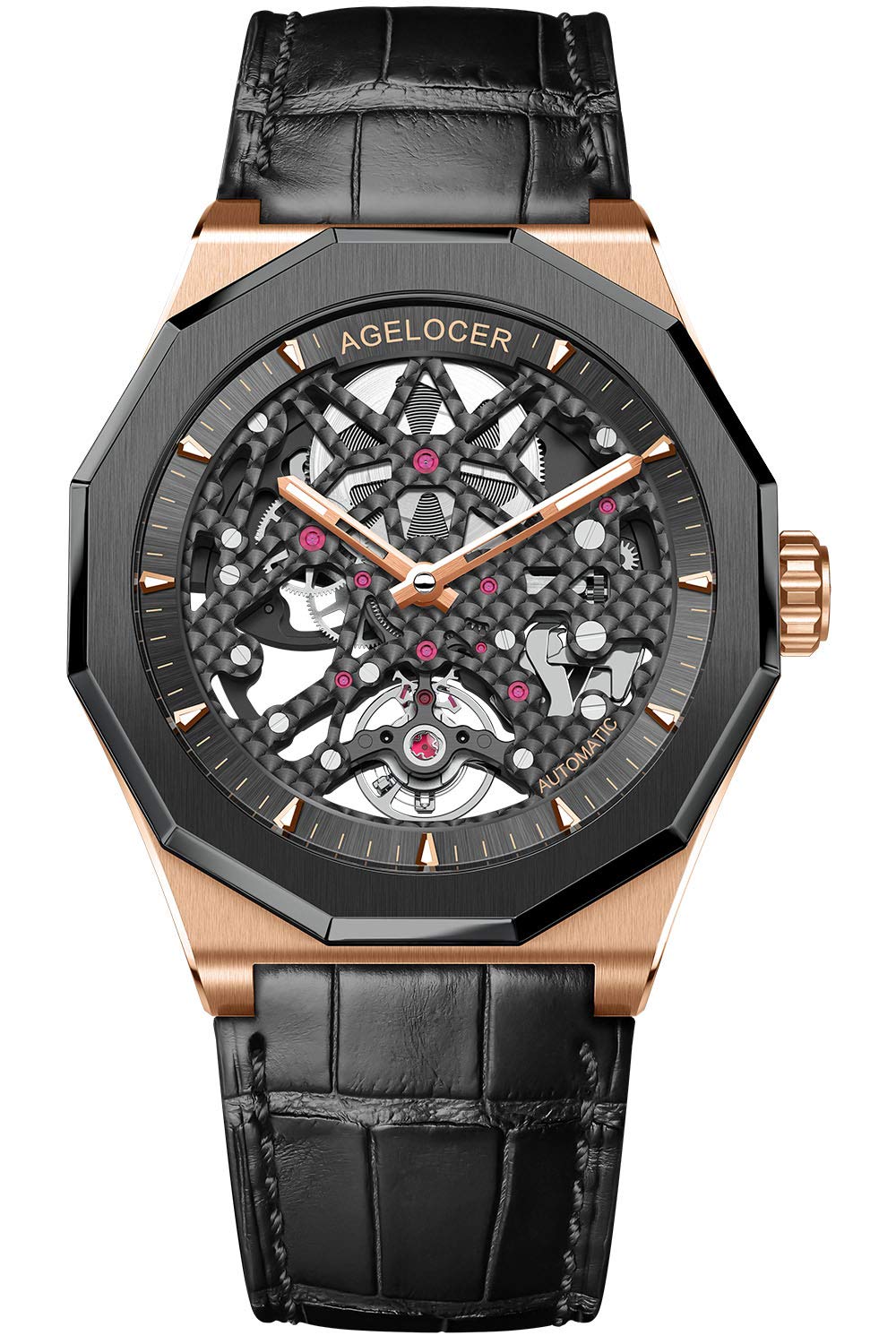 AGELOCER Men's Automatic Skeleton Mechanical Watch with Luminous Hands, Luxury Ruby Accents & Thin Rubber/Leather Strap - Black | Perfect for Business, Formal Events & Everyday Wear