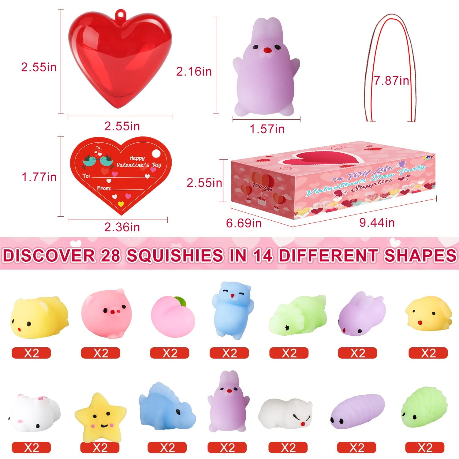 TOY Life 28pcs Mochi Squishy Toys Set - Kawaii Stress Relief Fidget Toys with Filled Hearts & Birthday Cards - Perfect Birthday Gifts for Kids, Classroom Prizes, Party Favors for Girls & Boys - Great for Sensory Play, Anxiety Relief and Party Decorations