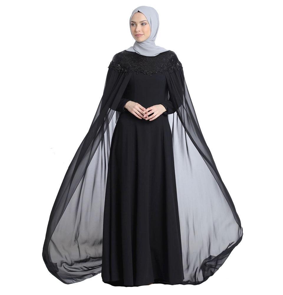 Elegant Abaci Modest Formal Cape Dress 13165 in Black | Perfect for Weddings, Church Events & Evening Parties