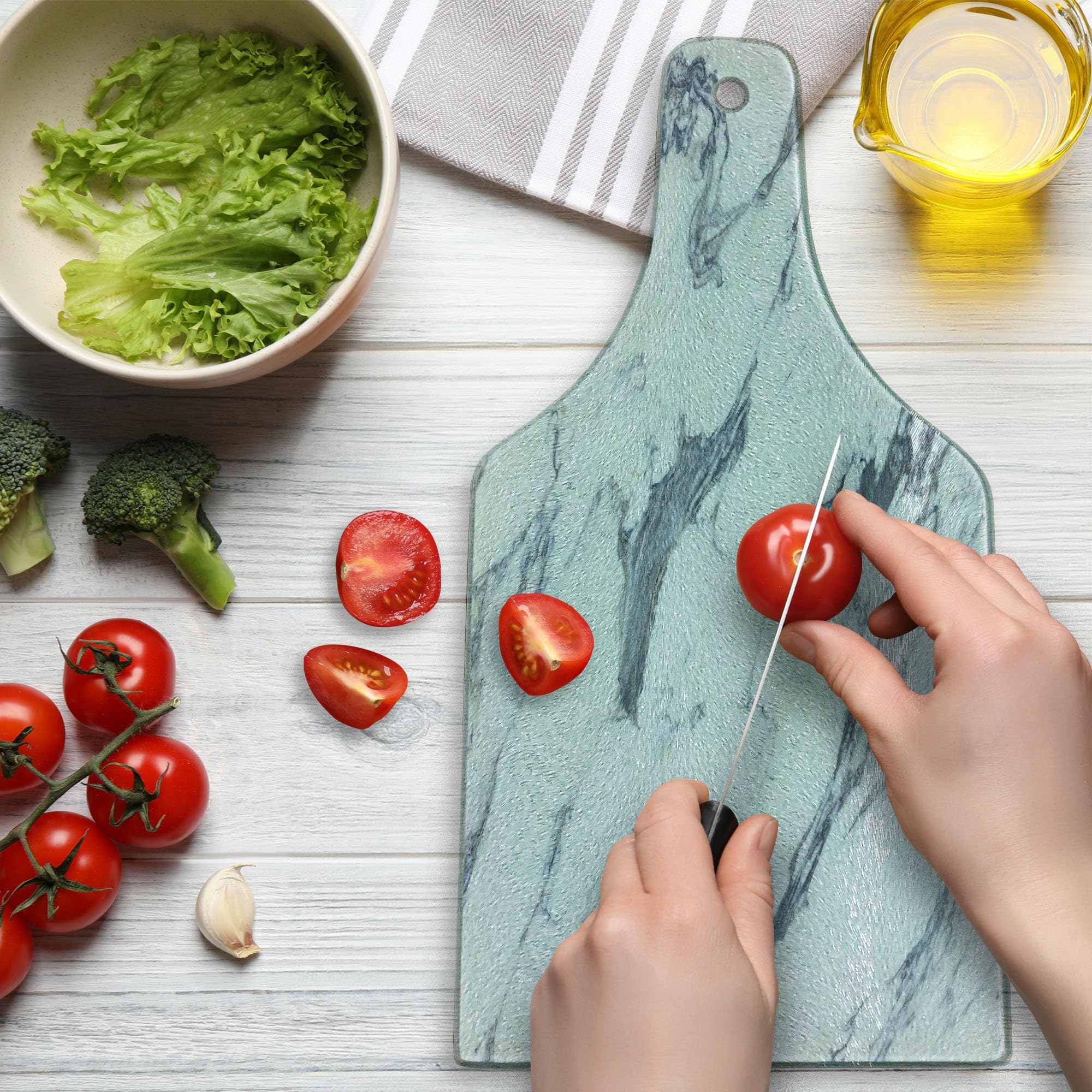 Ambesonne Marble Print Tempered Glass Cutting Board - Realistic Mineral Surface Design in Blue Grey White - Decorative Serving Board for Kitchen & Wine Bottle Display - Perfect for Entertaining, Charcuterie & Cheese Platters