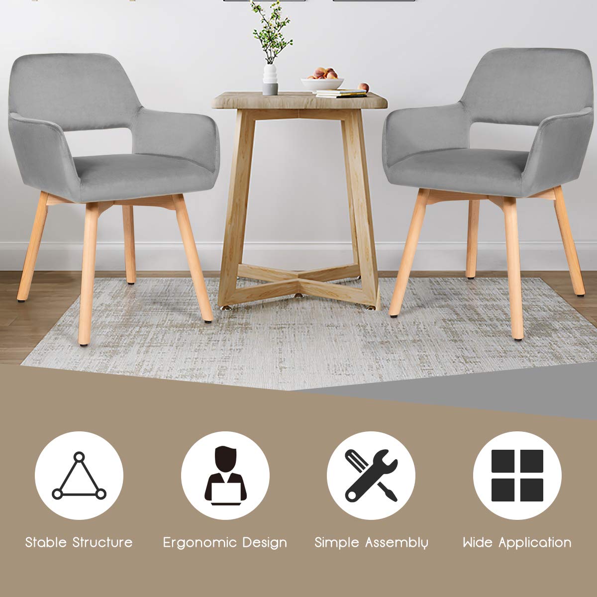 Giantex Set of 2 Velvet Dining Chairs with Wood Legs - Modern Accent Chairs for Living Room, Bedroom & Dining Room - Non-Slip Foot Pads & X-Shaped Support - Comfortable Cute Armchair (Light Grey) - Perfect for Small Spaces, Apartments & Home Decor