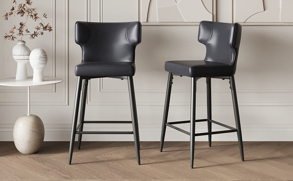28 Inch Counter Height Bar Stools Set of 2 - Modern PU Leather Upholstered Bar Chairs with Metal Footrest & Frame for Kitchen Island, Bar Table, Dining Room - Perfect for Entertaining, Breakfast Nook & Home Bar Decor (Black)