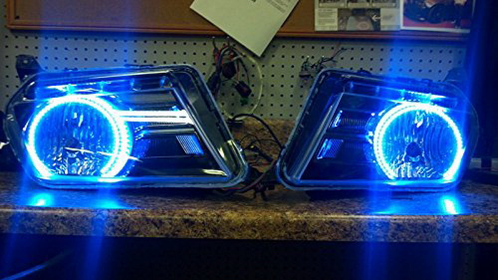 2005-2012 Ford Mustang RGB Multi-Color LED Angel Eye Halo Rings Headlight Retrofit Kit - DRL Daytime Running Lights for Custom Car Lighting Upgrade