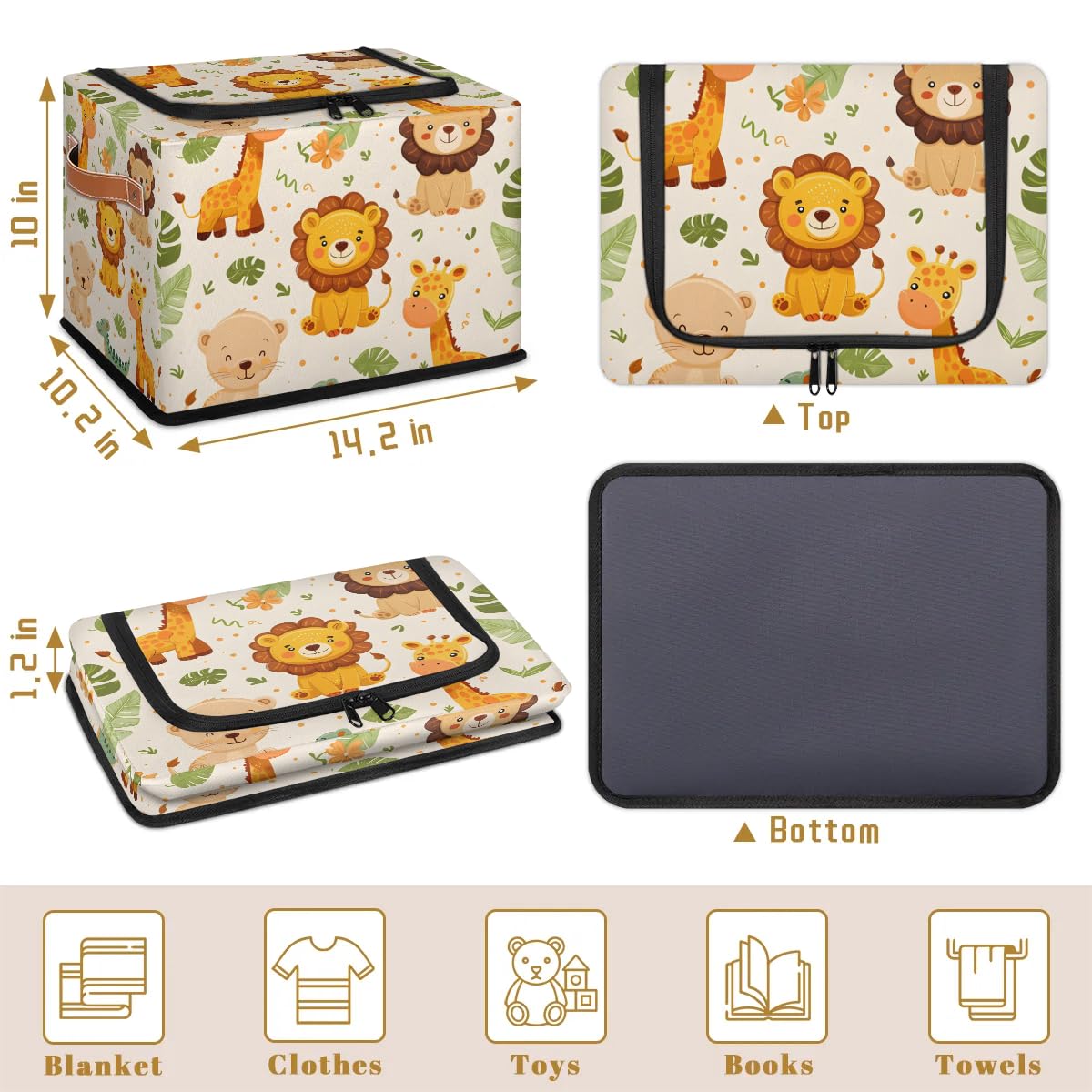 Collapsible Storage Bins with Lids - Jungle Animal Print Stackable Fabric Storage Cubes | Dustproof Closet Organizer for Clothes, Toys, Blankets | Perfect for Kids' Room, Nursery & Home Organization