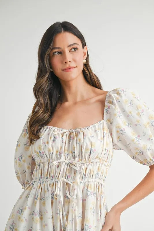 Floral Puff Sleeve Midi Summer Dress for Women - Boho Flowy Beach Dress with Ruffle Hem, Perfect for Vacation, Wedding Guest & Outdoor Parties