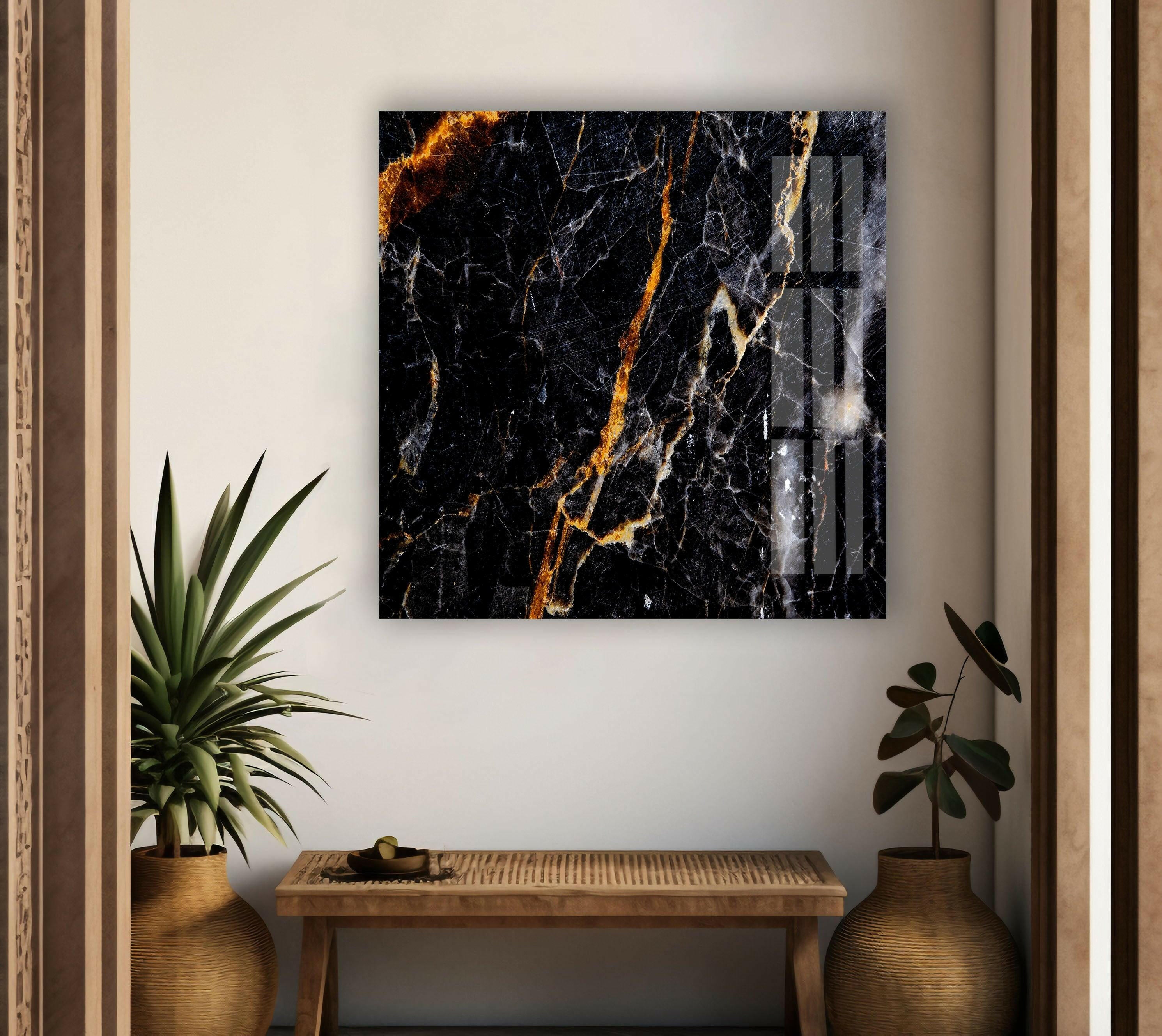 Black & Orange Marble Abstract Glass Wall Art - Modern Home Decor for Living Room, Bedroom & Office - Unique Handmade Glass Painting for Contemporary Interior Design