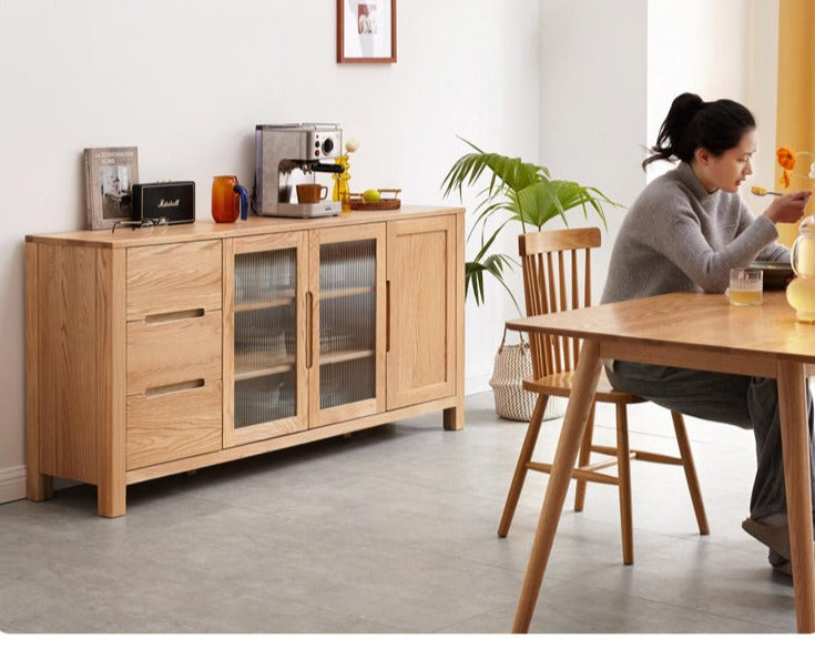 Solid Oak Wood Sideboard Buffet Cabinet - Rustic Farmhouse Dining Room Storage Furniture for Home Decor & Entertaining