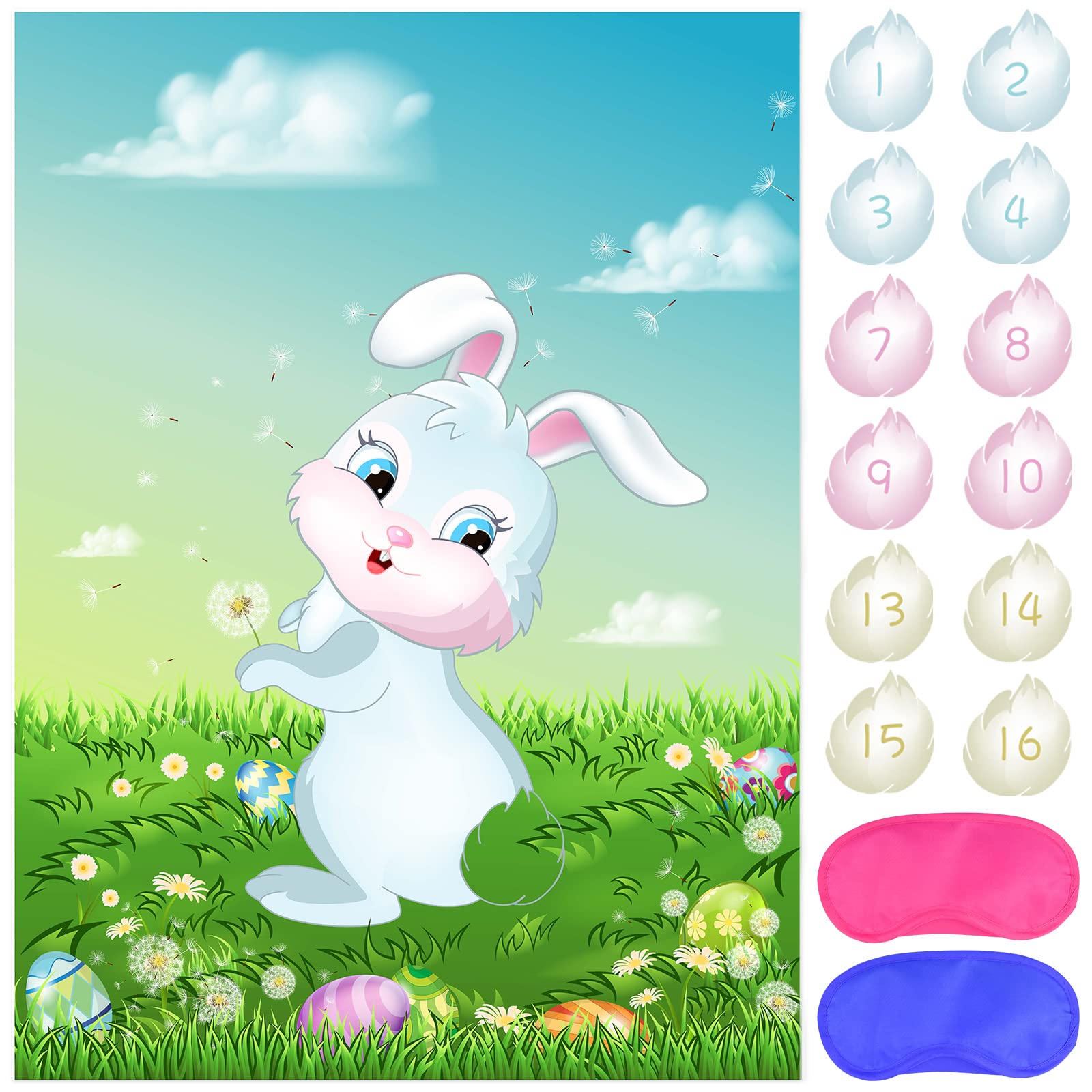 ASTARON Pin The Tail on The Bunny Game - 24pcs Easter Party Supplies for Birthday & Easter Celebrations - Fun Kids Party Game for Indoor & Outdoor Activities