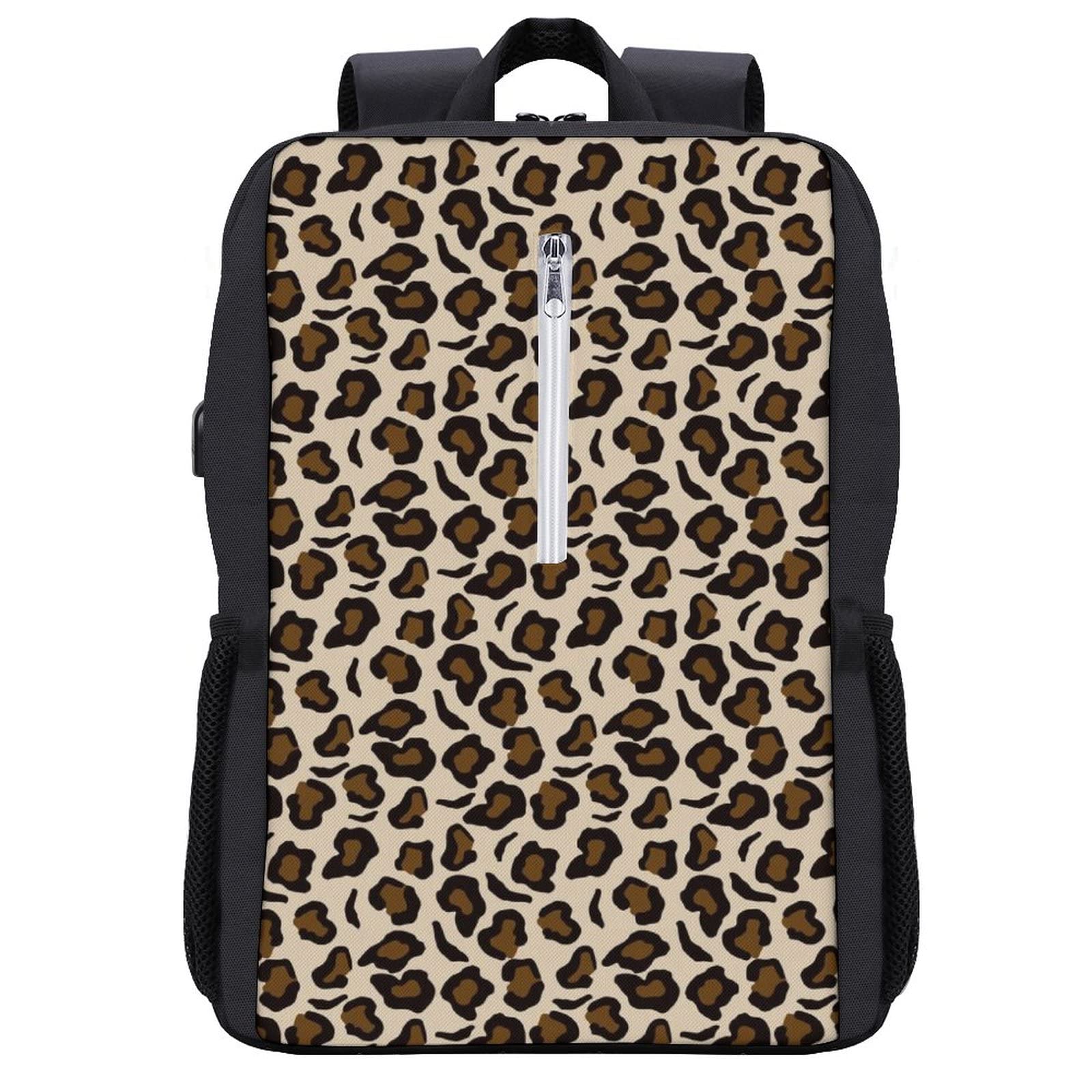 Leopard Print Black Laptop Backpack for Men & Women with USB Charging Port, Water Resistant School Bookbag, Travel Carry On Backpack - Perfect for College, Work, Commuting & Airplane Travel