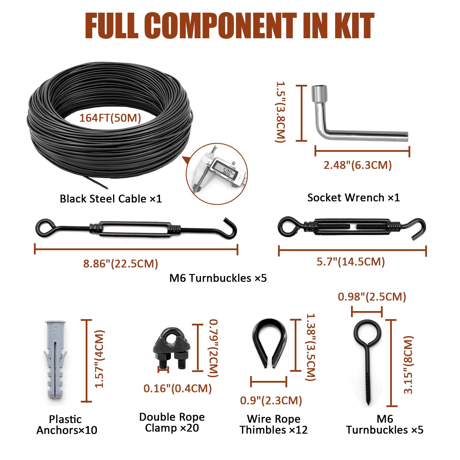 Black Globe String Light Hanging Kit - 164FT PVC Coated Steel Cable with Accessories for Outdoor, Patio & Camping | Perfect for Backyard Decor, Garden Parties & Romantic Ambiance