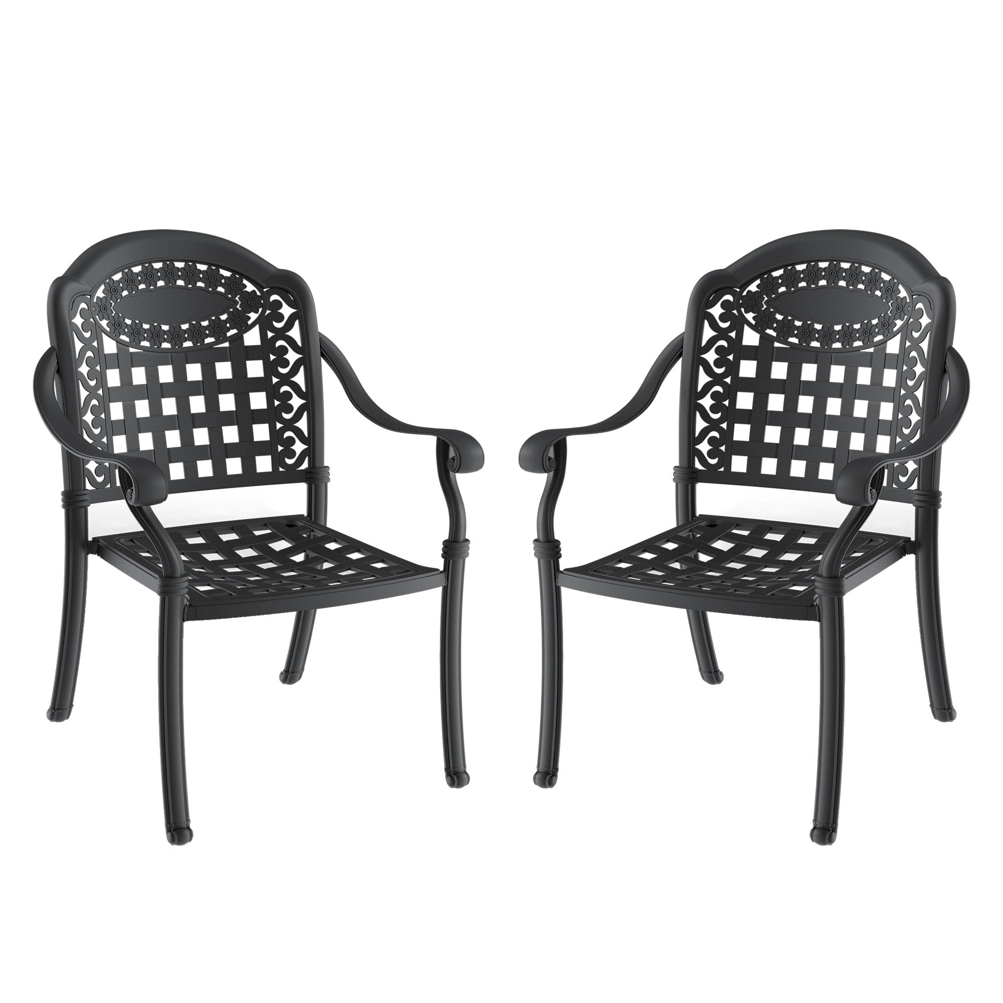 2-Pack Cast Aluminum Patio Dining Chairs with Black Frame & Cushions - Outdoor Garden, Poolside, Deck Furniture Set for Dining & Relaxing