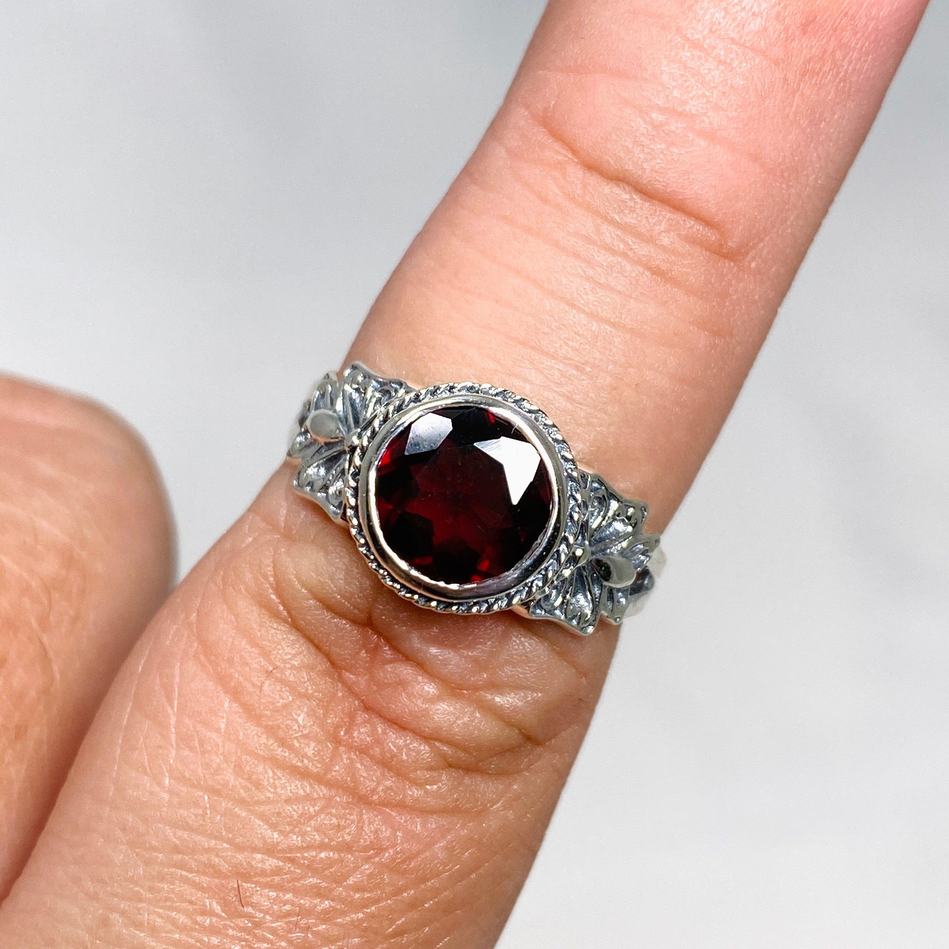 Garnet Faceted Round Ring in Elegant Decorative Setting R3671 - Perfect for Weddings, Anniversaries & Special Occasions