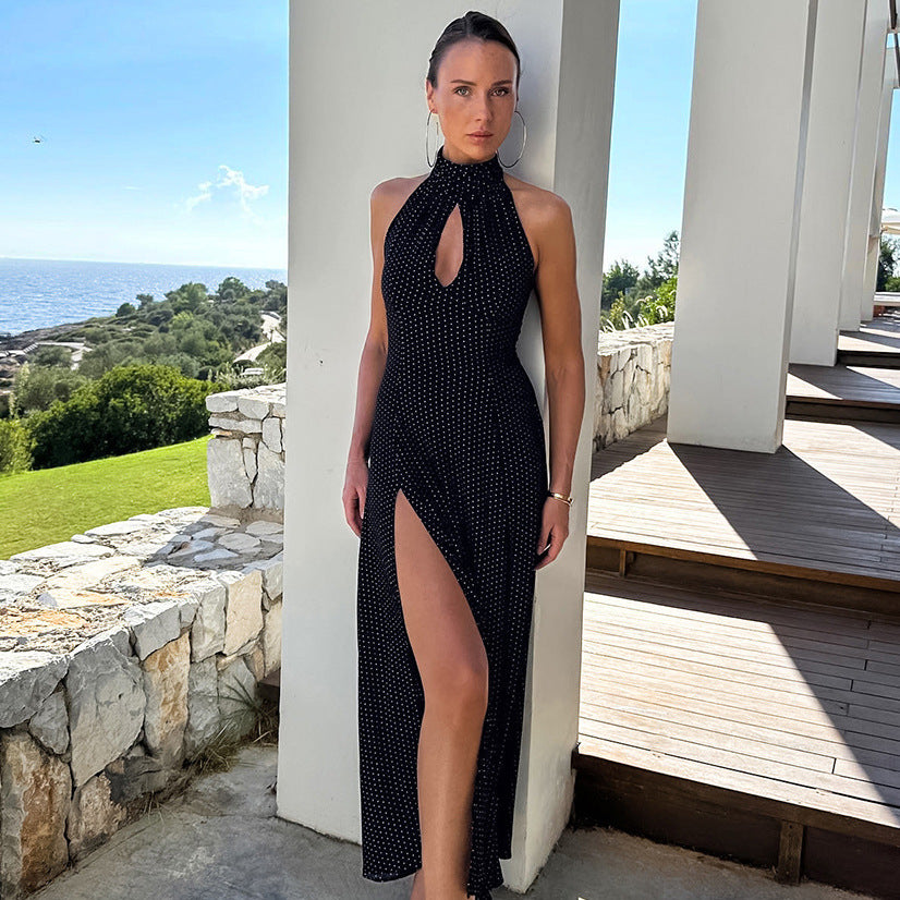 Sexy Polka Dot Backless Long Dress for Women - Side Split Evening Gown Spring Fashion 2025 | Perfect for Parties, Date Nights & Special Occasions