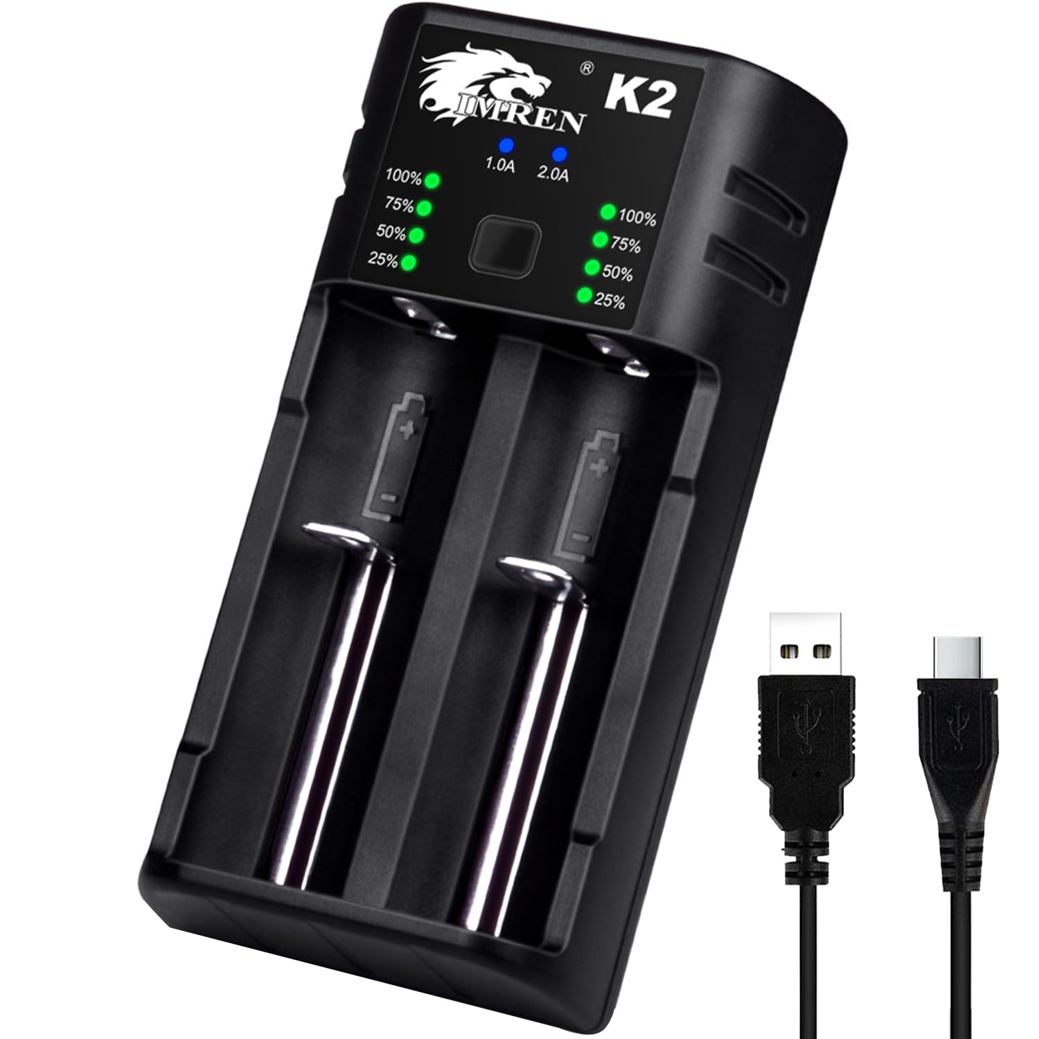 IMREN 26650 10400 Battery Charger - 2 Bay USB C Li-ion/Ni-MH/Ni-Cd Battery Charger for 18650, 26650, 10440, 14500, 14650, 18350, 18500, 18700 Batteries (3.7V Li-ion & 1.2V Ni-MH/Ni-Cd) - Perfect for Vaping, Flashlights, and Electronic Devices
