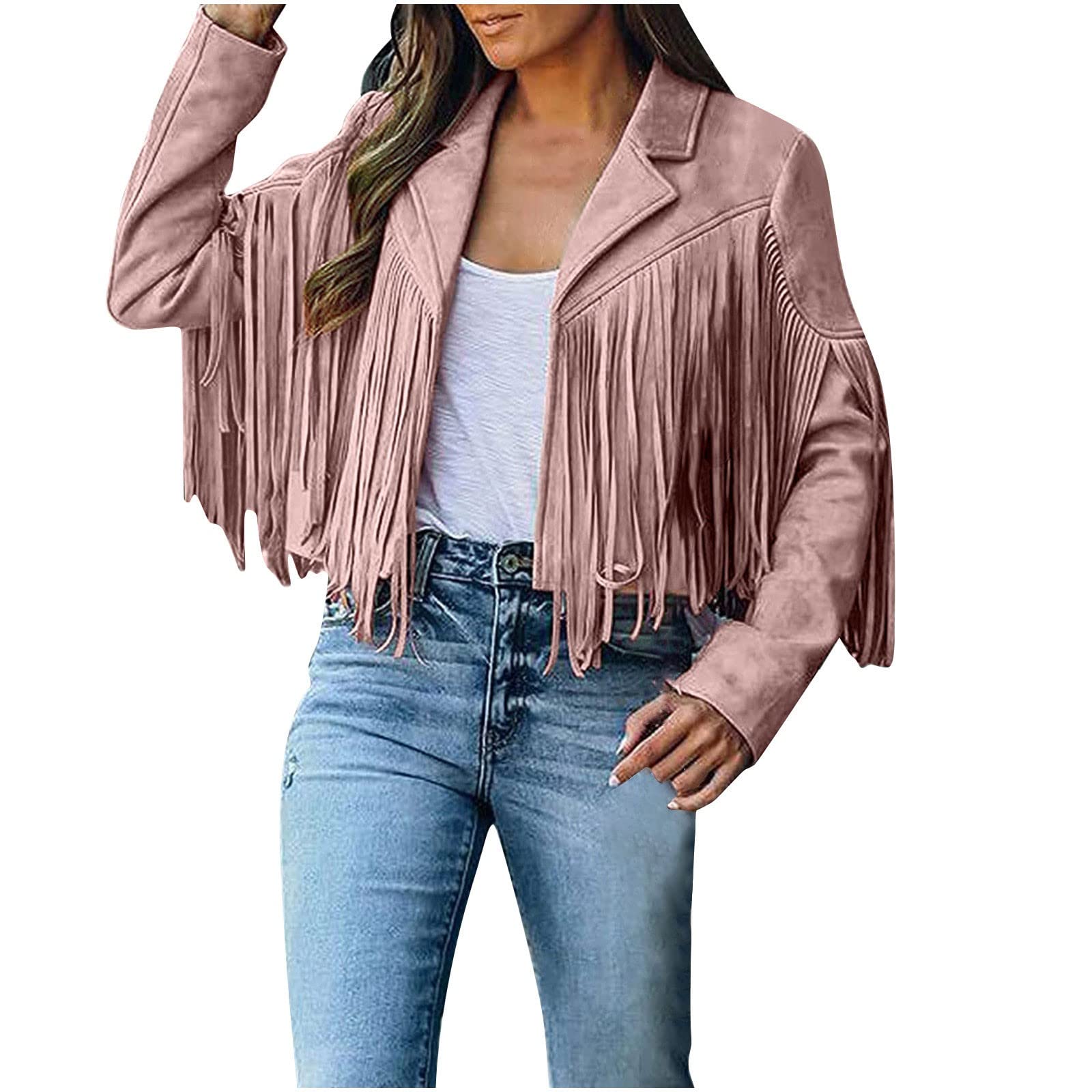 Women's Faux Suede Leather Cowboy Jacket with Fringe Tassels - Long Sleeve Stylish Cardigan Coat for Western Fashion & Night Out