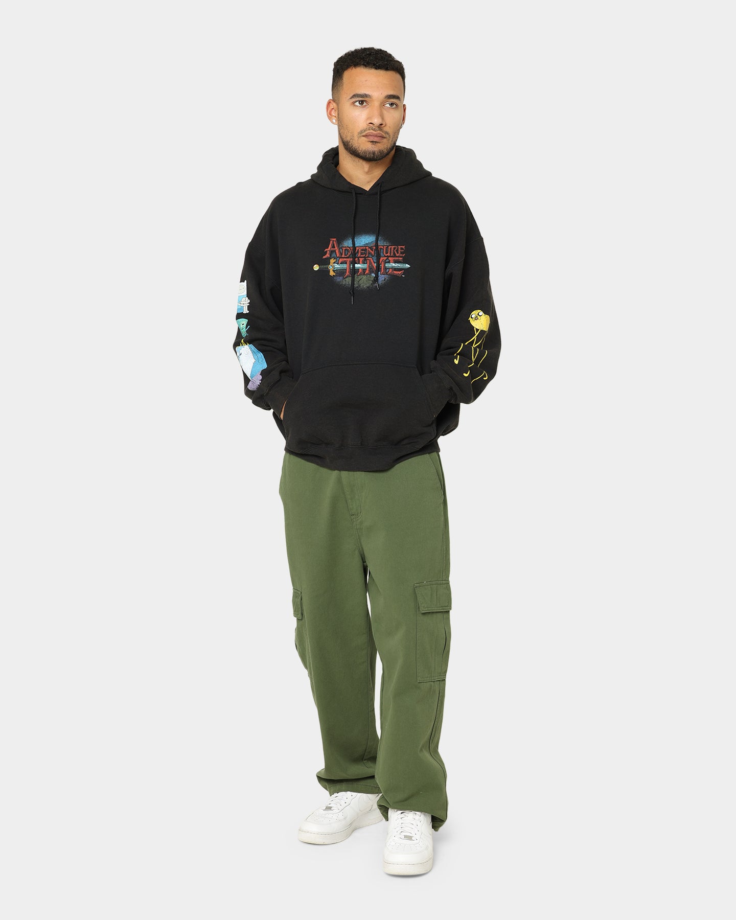 Adventure Time What Time Is It Vintage Hoodie - Black Wash Distressed Style | American Thrift Retro Pullover | Perfect for Cosplay, Anime Conventions & 90s Nostalgia Fashion