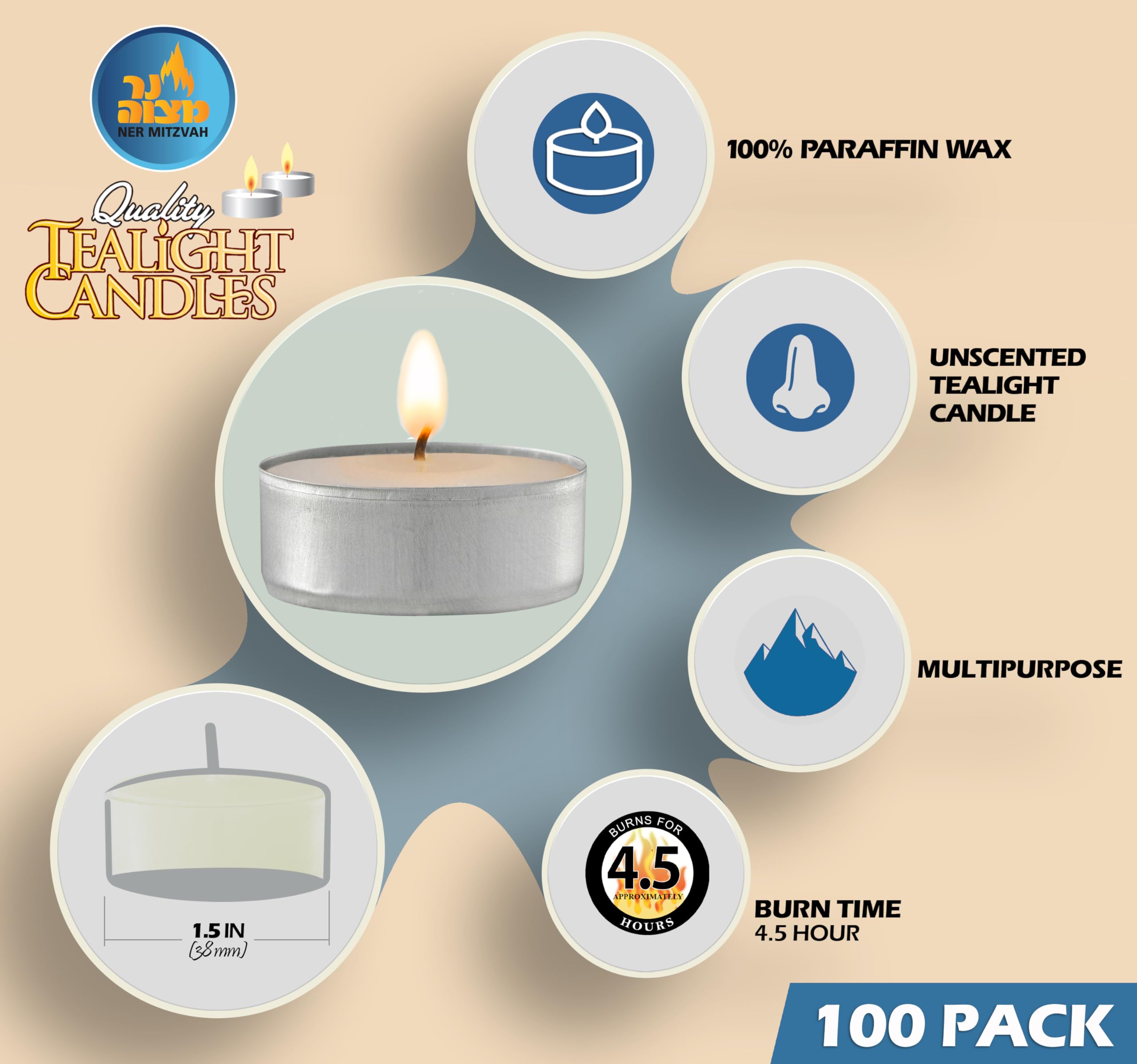 Bulk White Unscented Tea Light Candles - 100 Pack - 4.5 Hour Burn Time - Pressed Wax Travel & Decorative Candles - Perfect for Weddings, Parties, Restaurants & Home Decor - by Ner Mitzvah