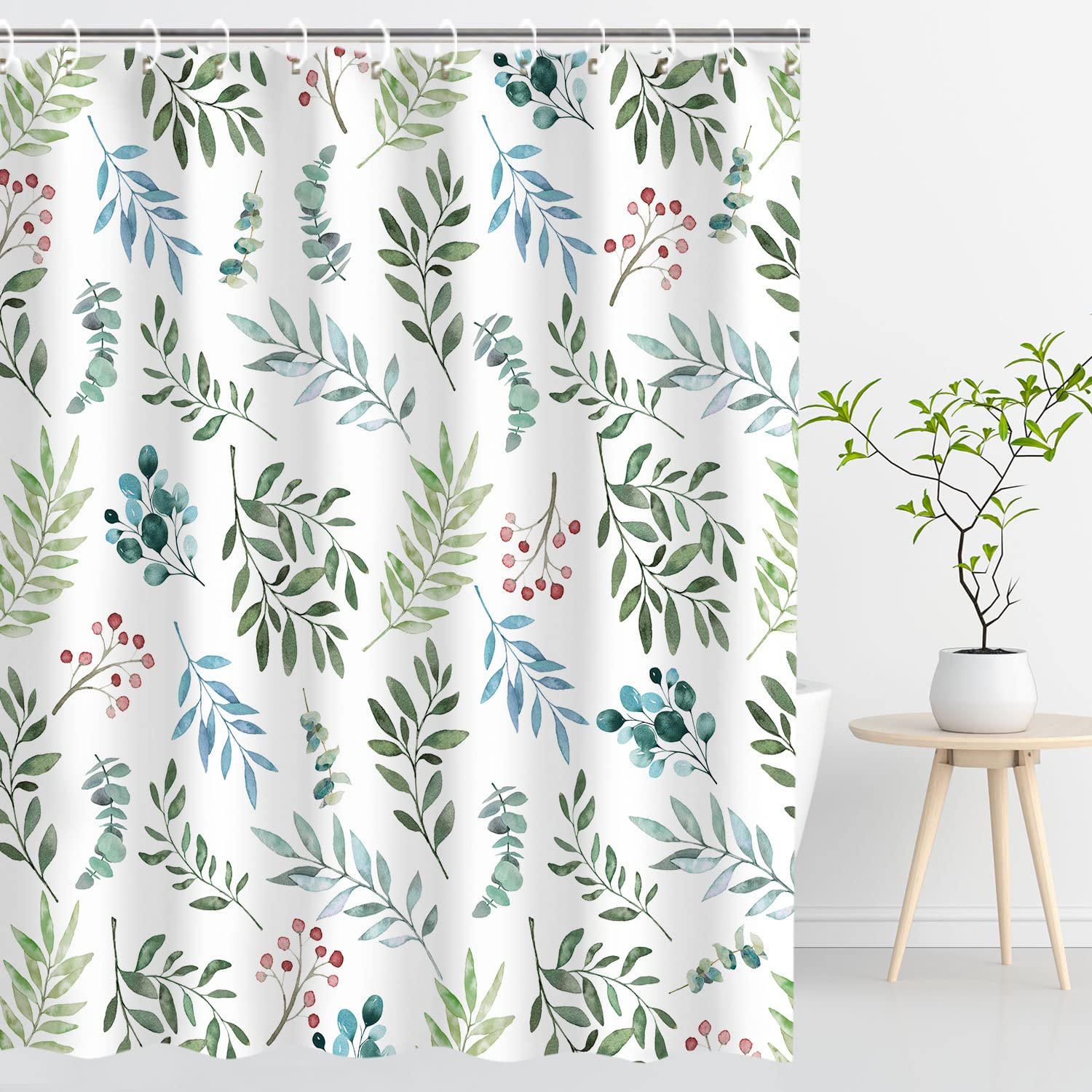 RosieLily Waterproof Green Leaves Shower Curtain Set with Hooks - 72x84 Inch Bathroom Decor, Botanical Watercolor Design with Red Cherries - Perfect for Modern Bathrooms, Guest Baths & Spa Retreats