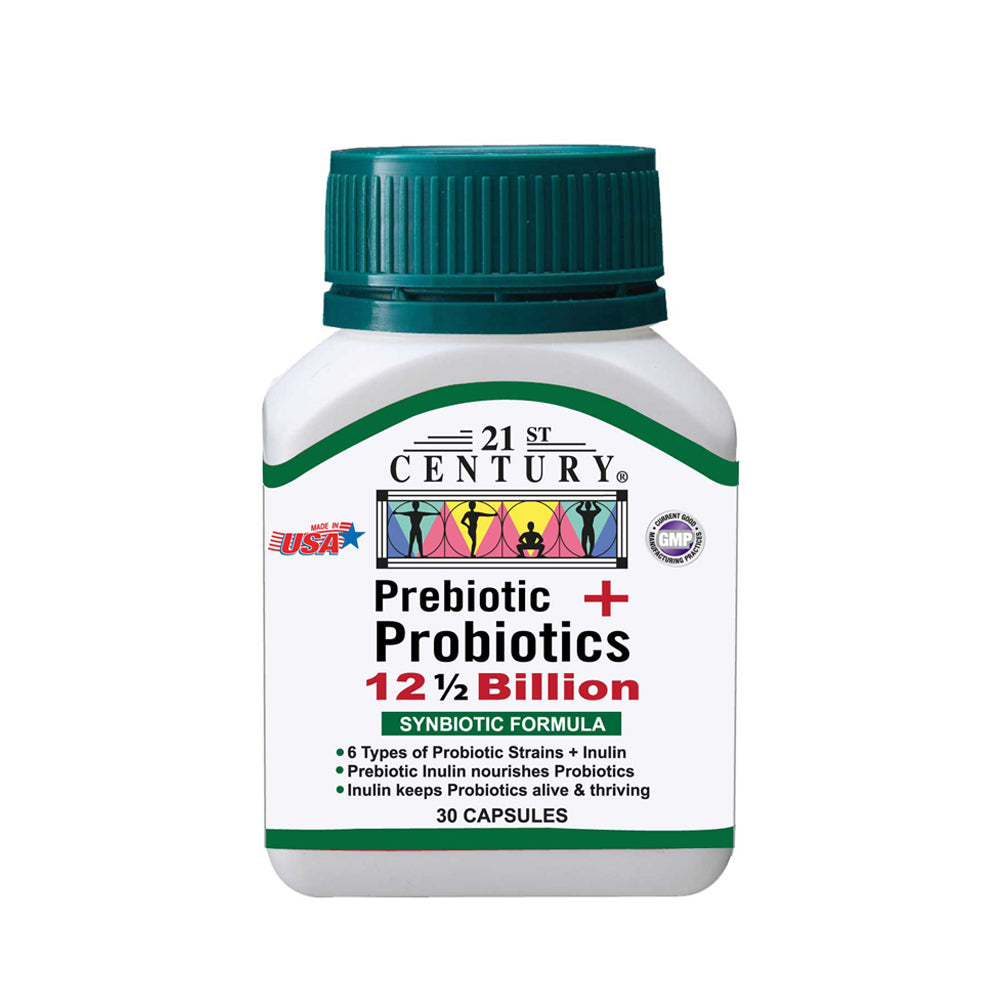21st Century Prebiotic + Probiotics 12.5 Billion CFU - 30 Capsules for Digestive Health & Immune Support - Daily Gut Wellness Supplement for Men & Women