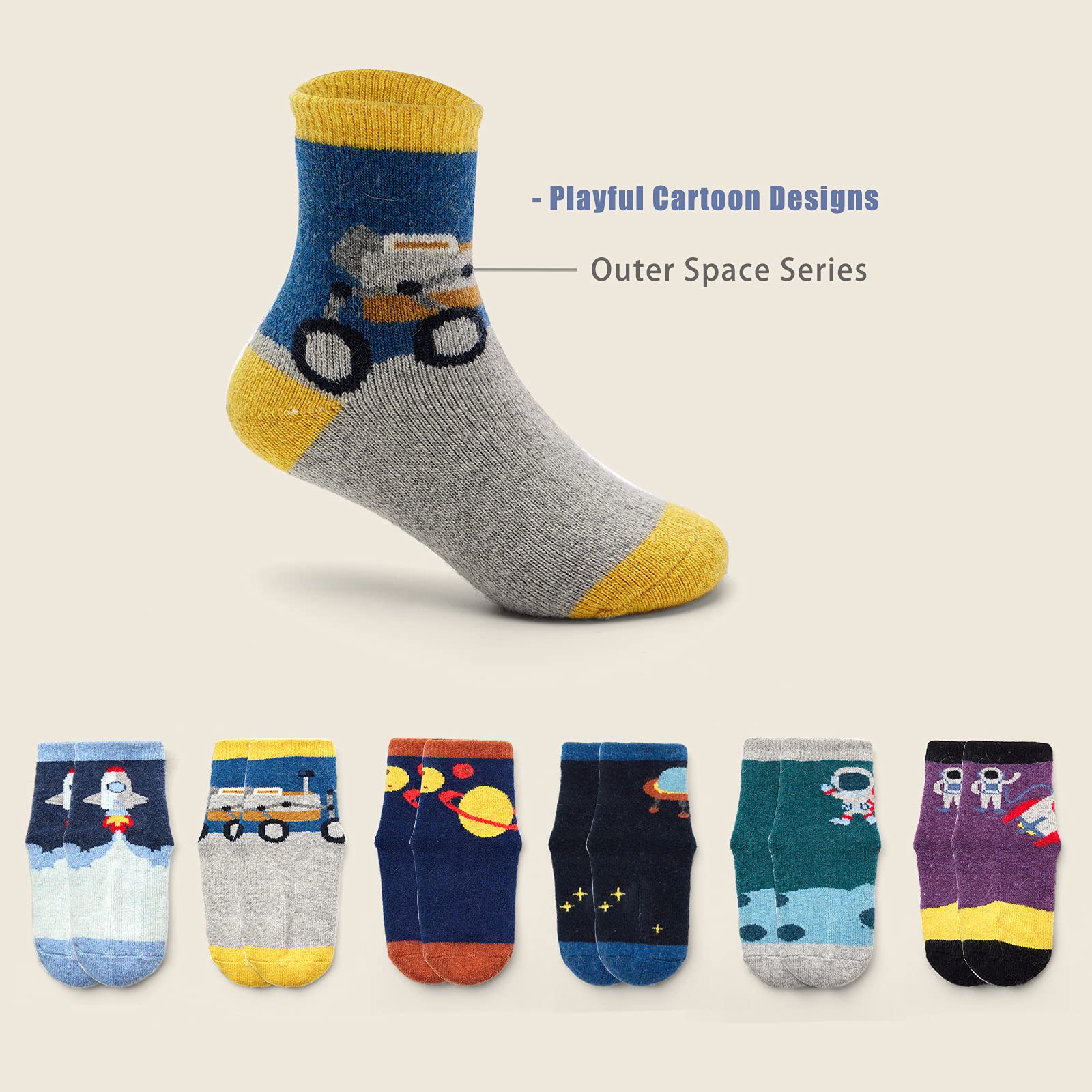 Boys Wool Socks - 6 Pairs Thick Thermal Winter Crew Socks for Kids - Warm & Cozy for Snow Days, Outdoor Activities & Cold Weather