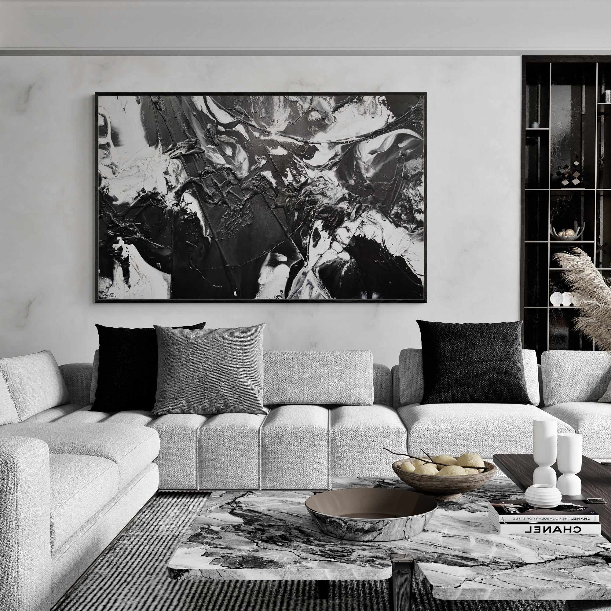 160cm x 100cm White Black Textured Abstract Canvas Painting - Illicit Noir - Modern Wall Art for Living Room, Bedroom & Office Decor