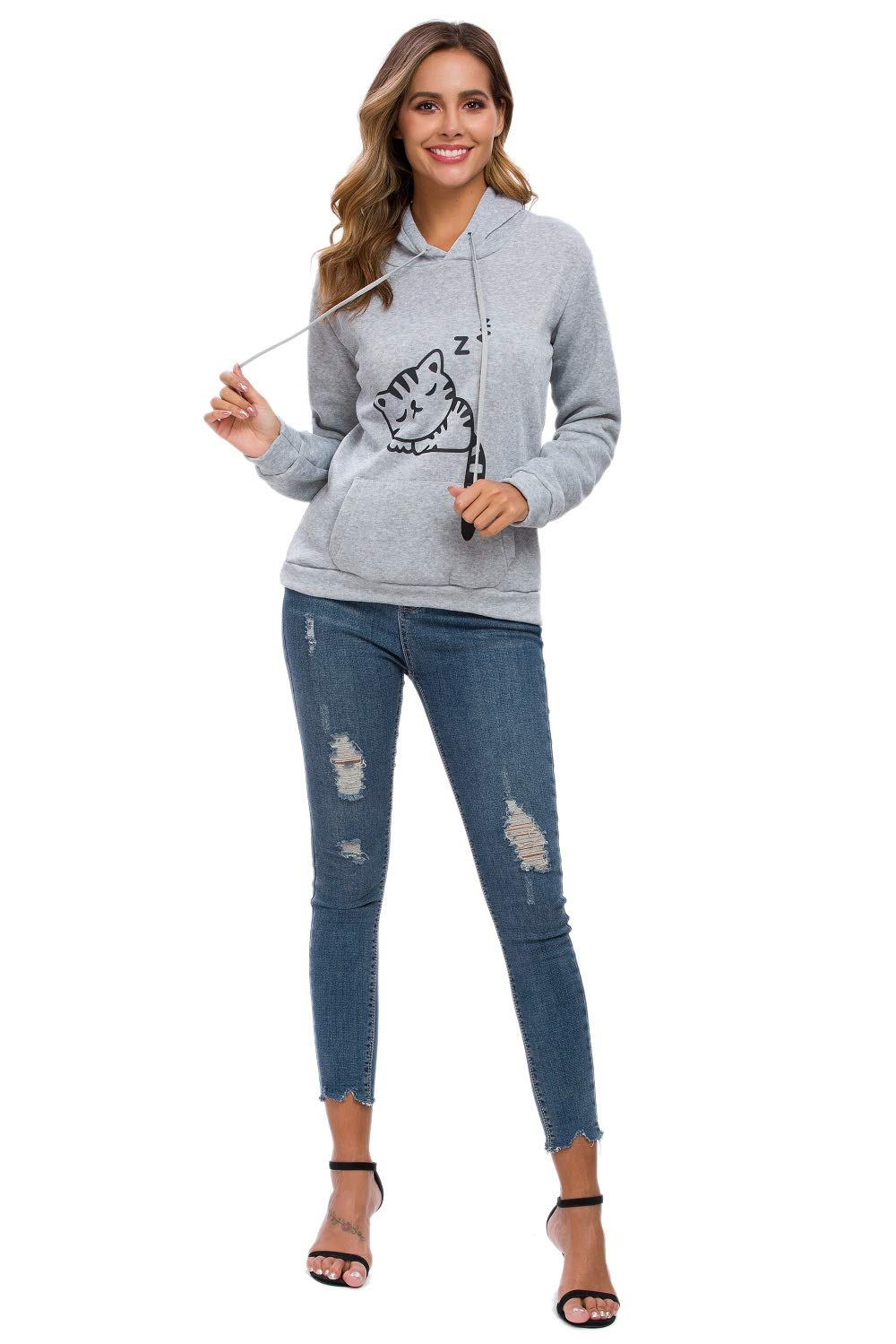 Cute Cat Ear Hoodie for Women & Teen Girls - Soft Pullover Sweatshirt with Sleeping Cat Print - Cozy Lounge Wear for Sleepovers & Casual Outings