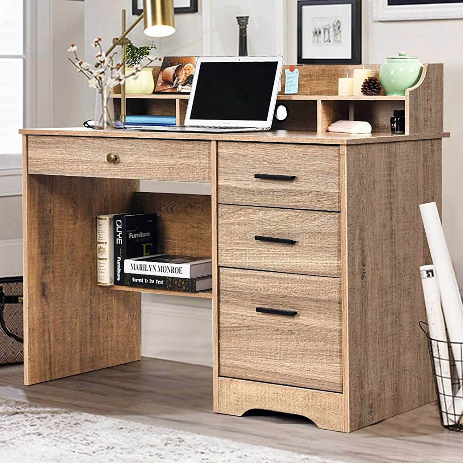 Modern Farmhouse Computer Desk with 4 Drawers & Hutch - Small Office Desk with File Storage, Wooden Writing Table for Home Office, Study & Bedroom - Perfect for Remote Work, Online Learning & Small Space Organization (Grey)