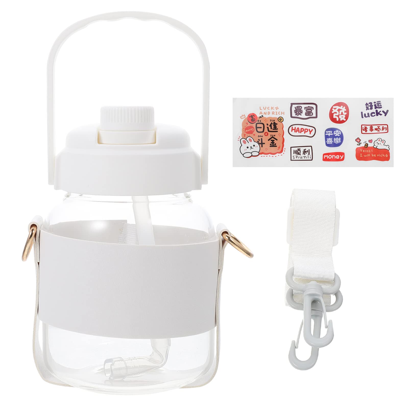 Large 1000ml Water Bottle with Straw & Strap - for Outdoor, Fitness, Travel (White)