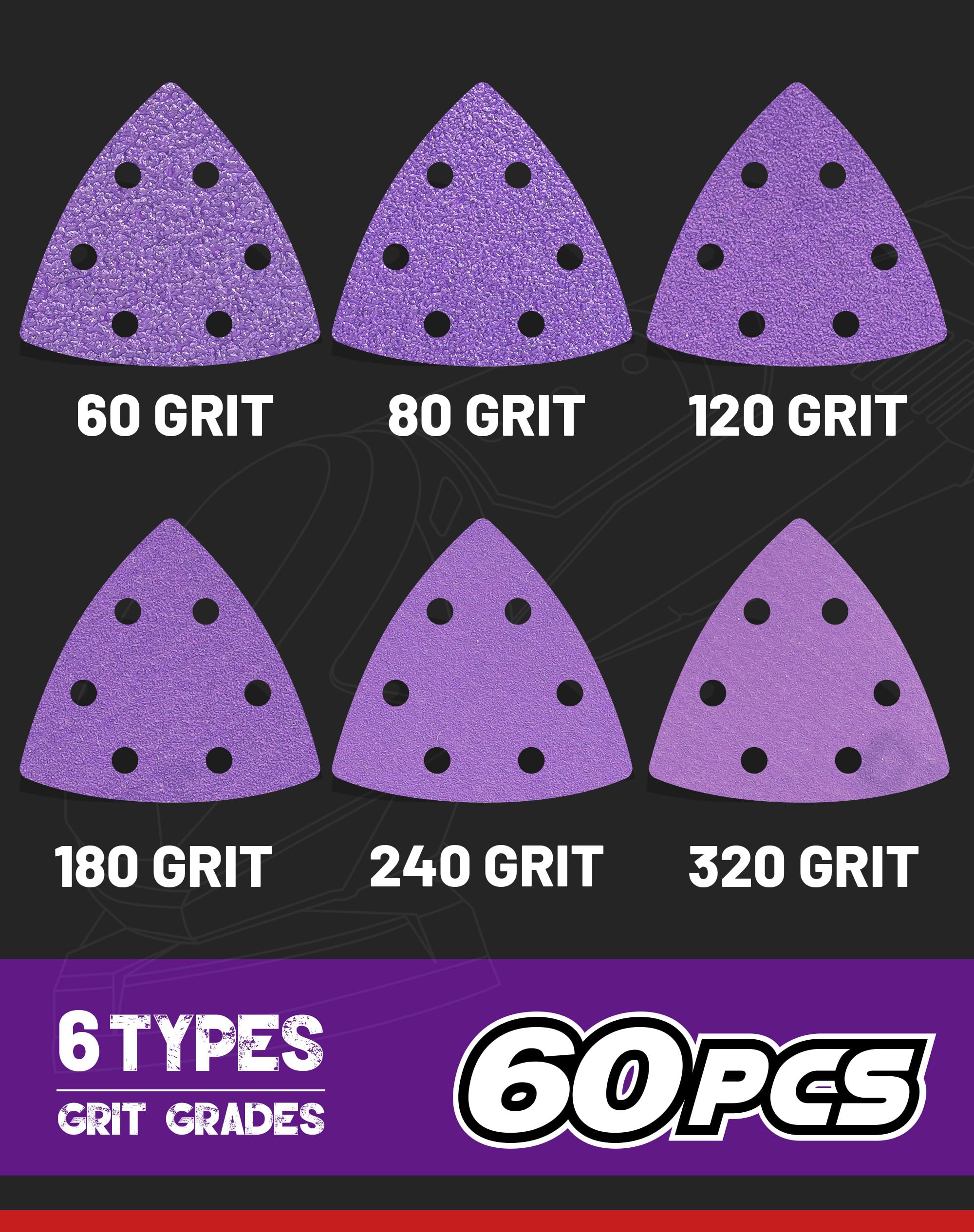 EZARC 60-Piece Zirconia Triangle Sanding Pads Set - 3-3/4 Inch Hook & Loop (60/80/120/180/240/320 Grit) for Oscillating Multi-Tools - Compatible with 3-1/2