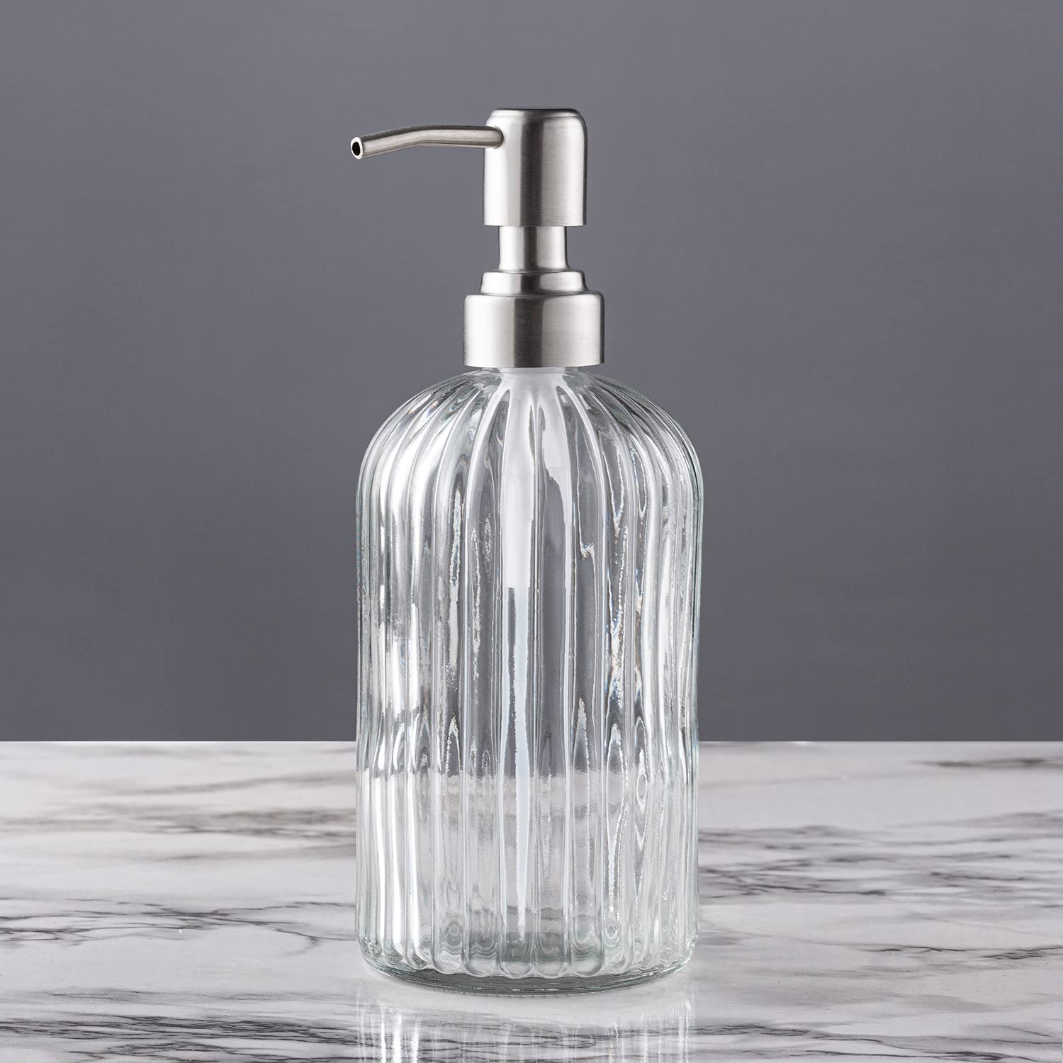 Refillable Glass Soap Dispenser with Silver Pump - 18oz Brushed Stainless Steel Hand Soap, Dish Soap & Lotion Bottle for Bathroom, Kitchen & Office Decor | Eco-Friendly & Elegant Design