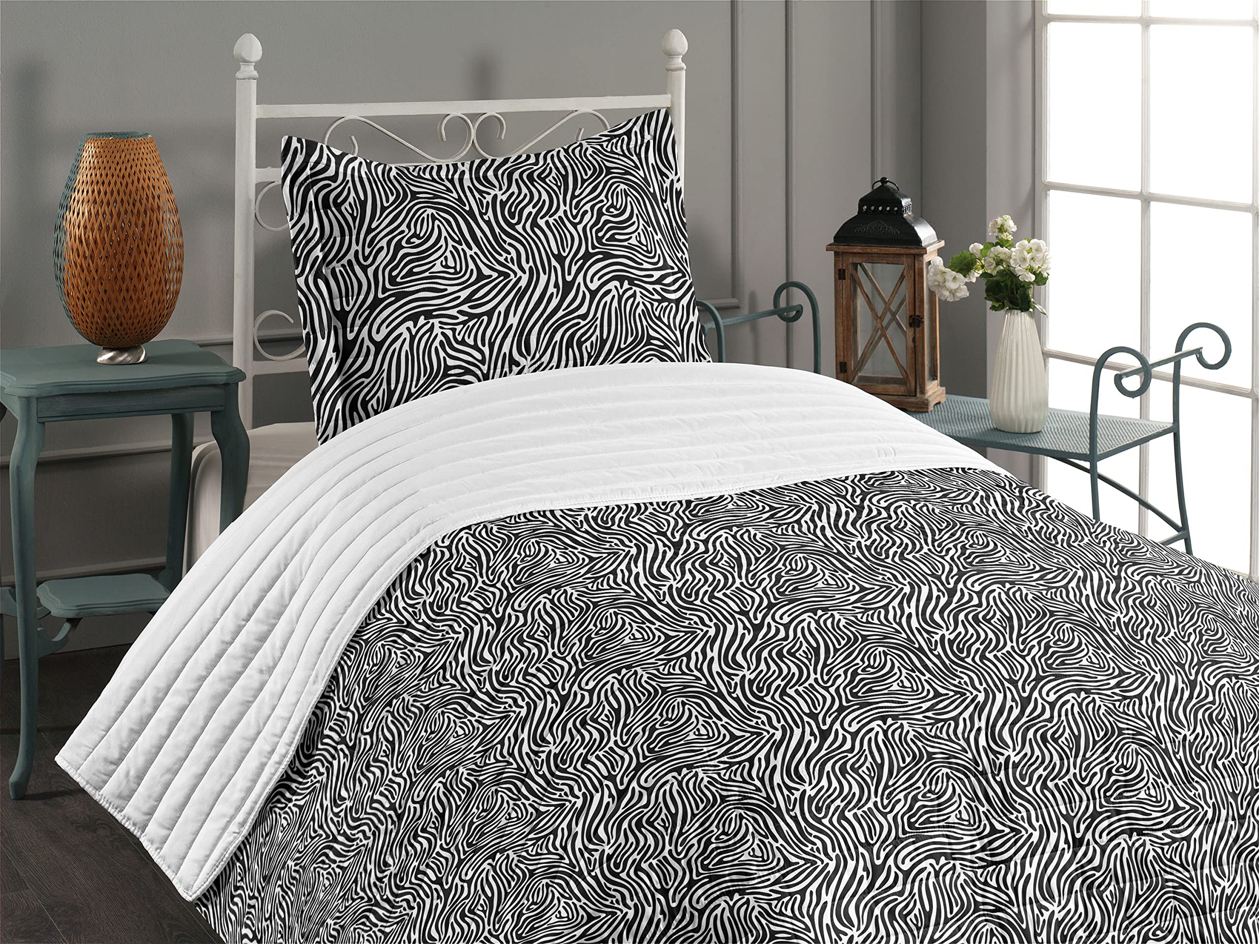 Lunarable Savannah Microfiber Bedspread Set - Wavy Zebra Stripe Animal Print Comforter & Pillow Sham, Twin Size White & Black | Soft Marbling Art Design Bedding for Modern Bedroom Decor